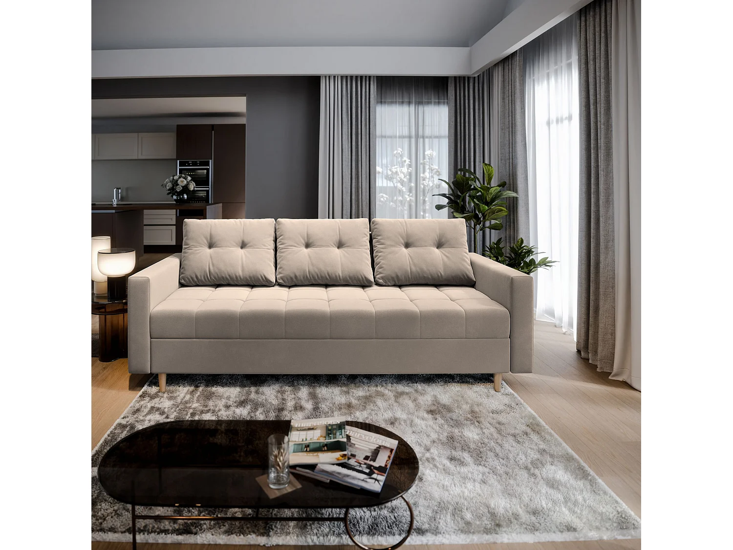 Canapé-lit MILO, Tissu peluche, Beige