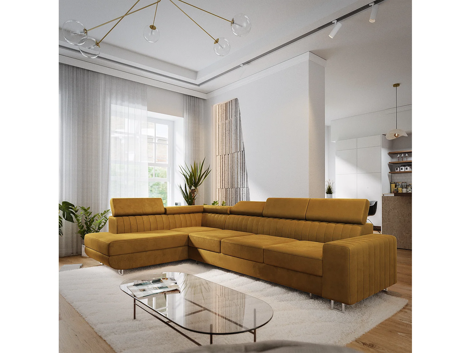 Canapé d'angle HESTION,  avec fonction de couchage, velours Jaune