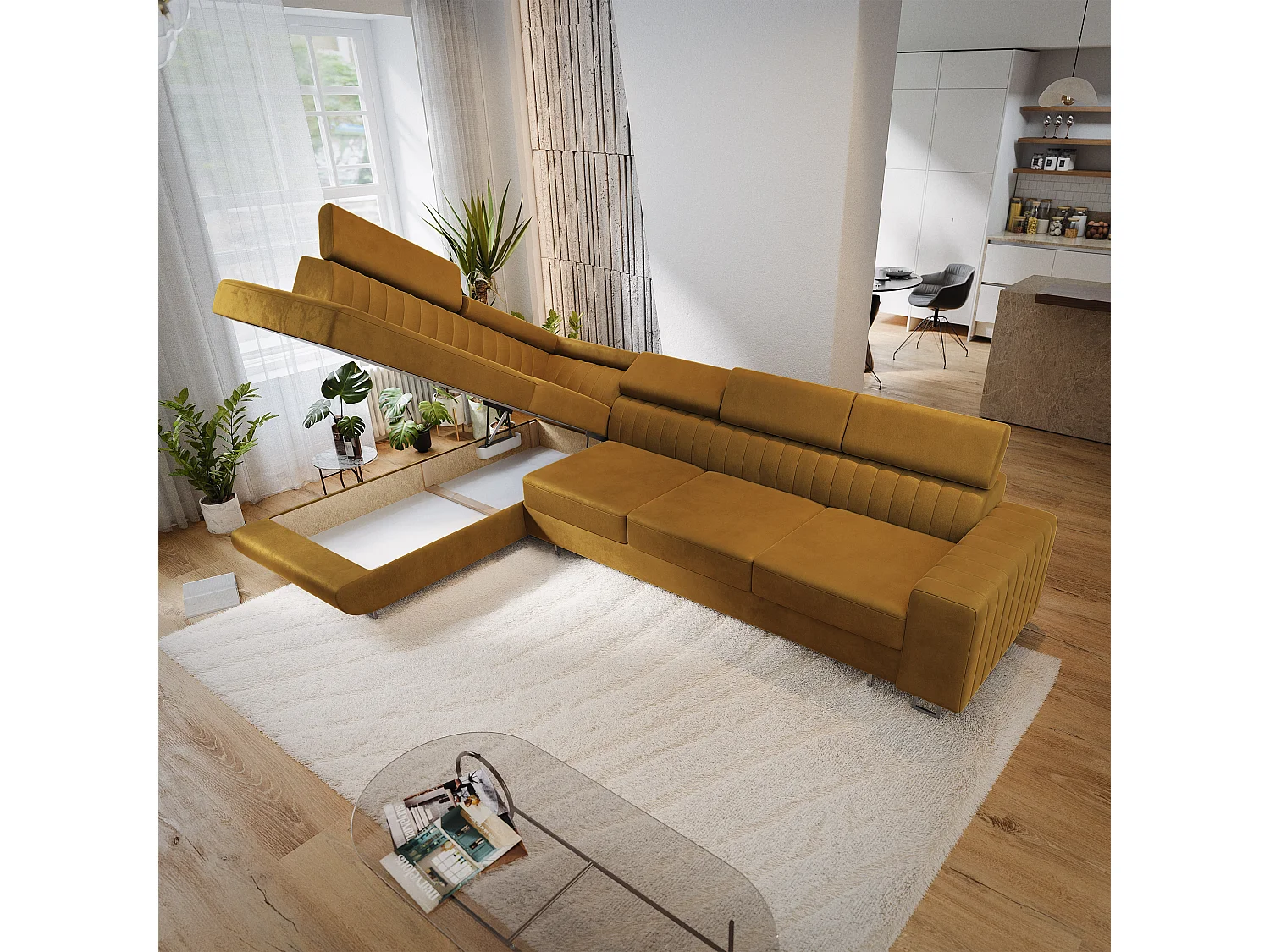 Canapé d'angle HESTION,  avec fonction de couchage, velours Jaune