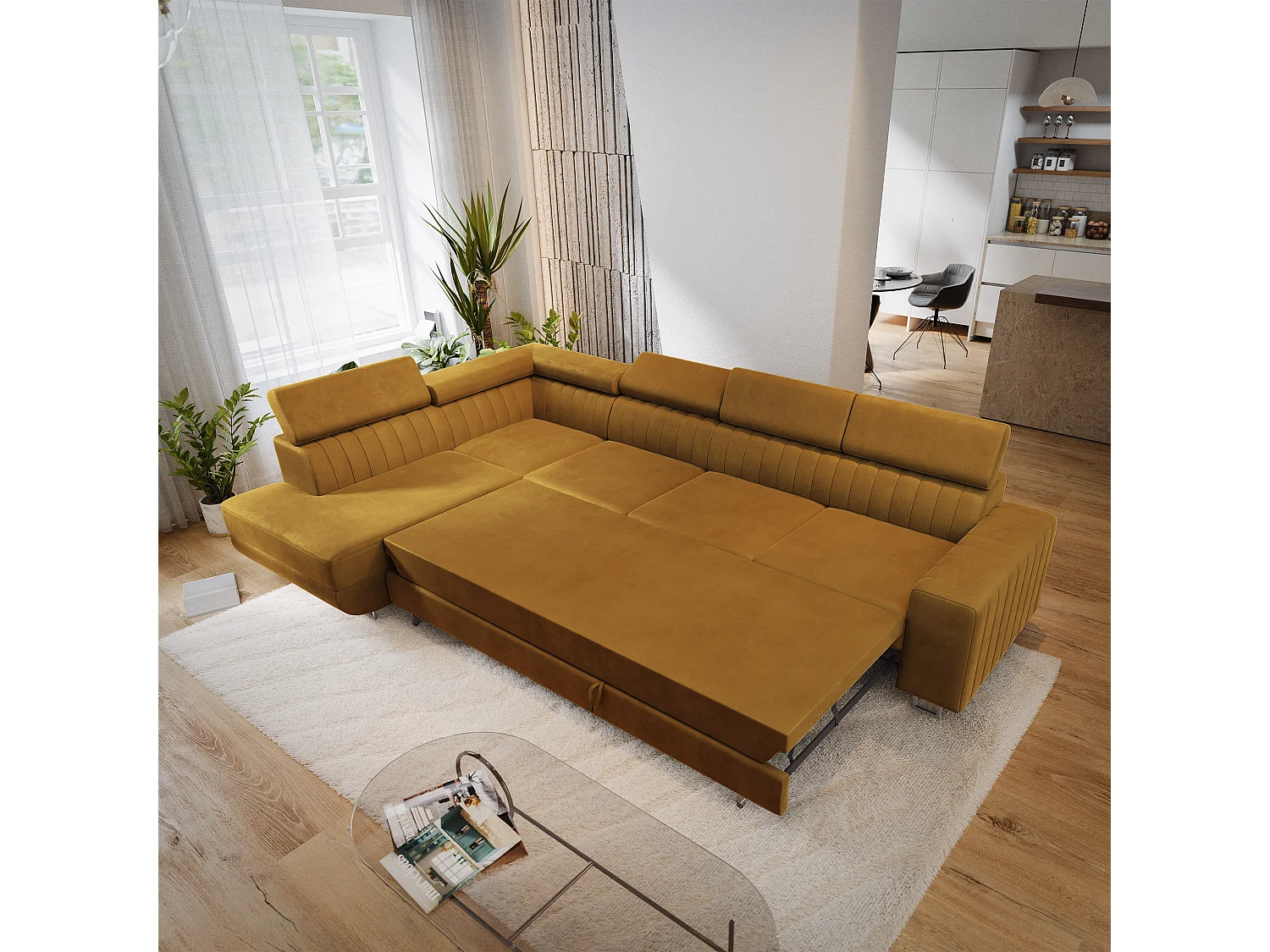 Canapé d'angle HESTION,  avec fonction de couchage, velours Jaune
