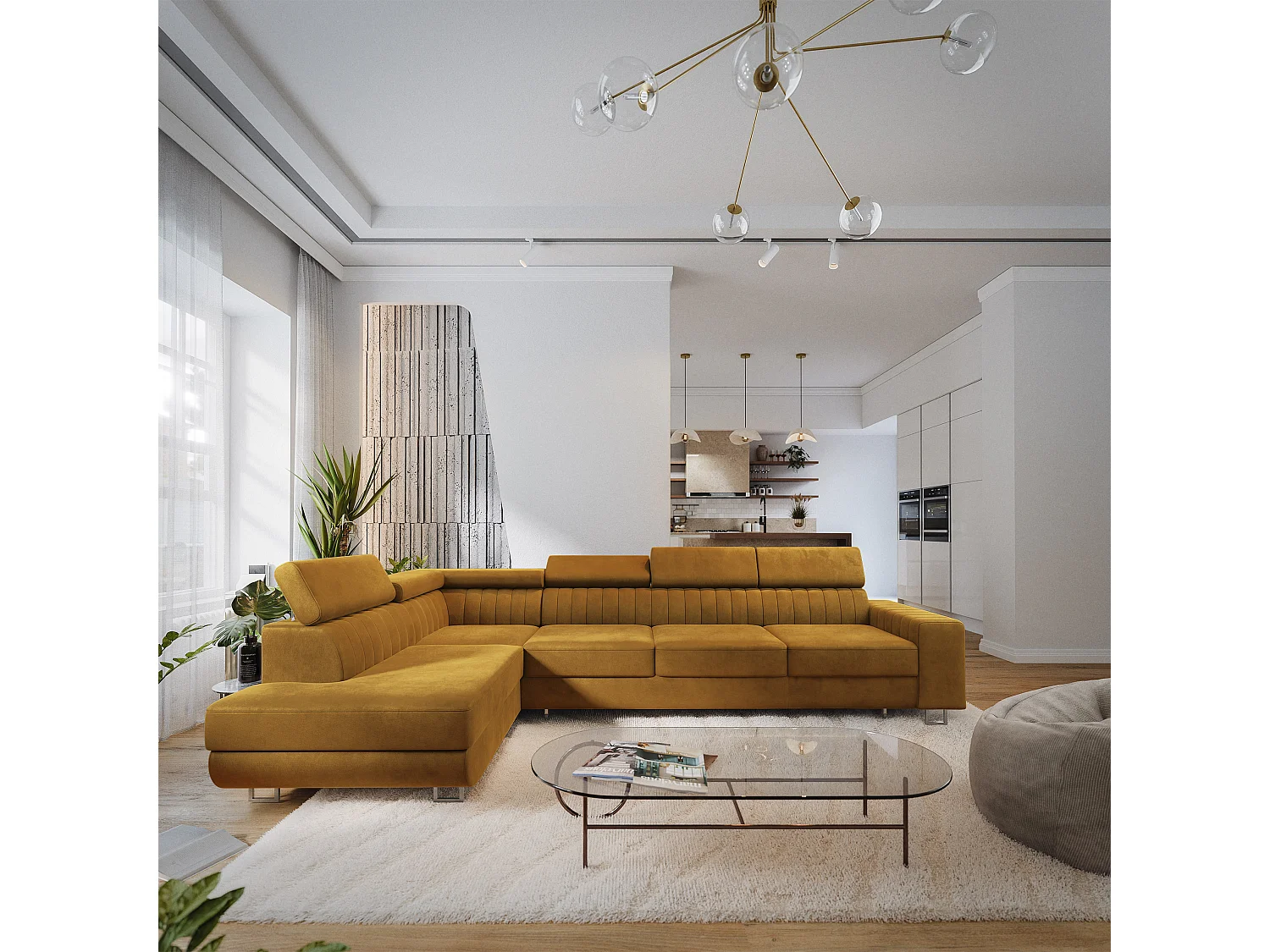 Canapé d'angle HESTION,  avec fonction de couchage, velours Jaune