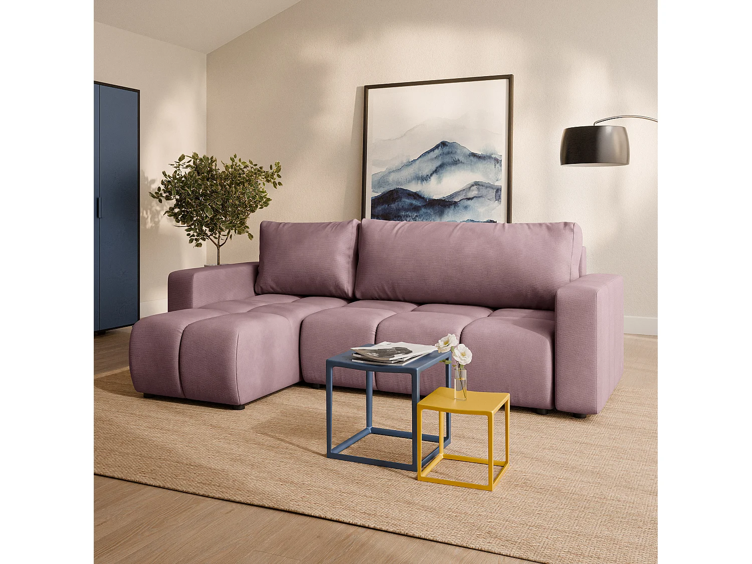 Canapé d'angle RAMIL,  avec fonction de couchage, peluche Rose