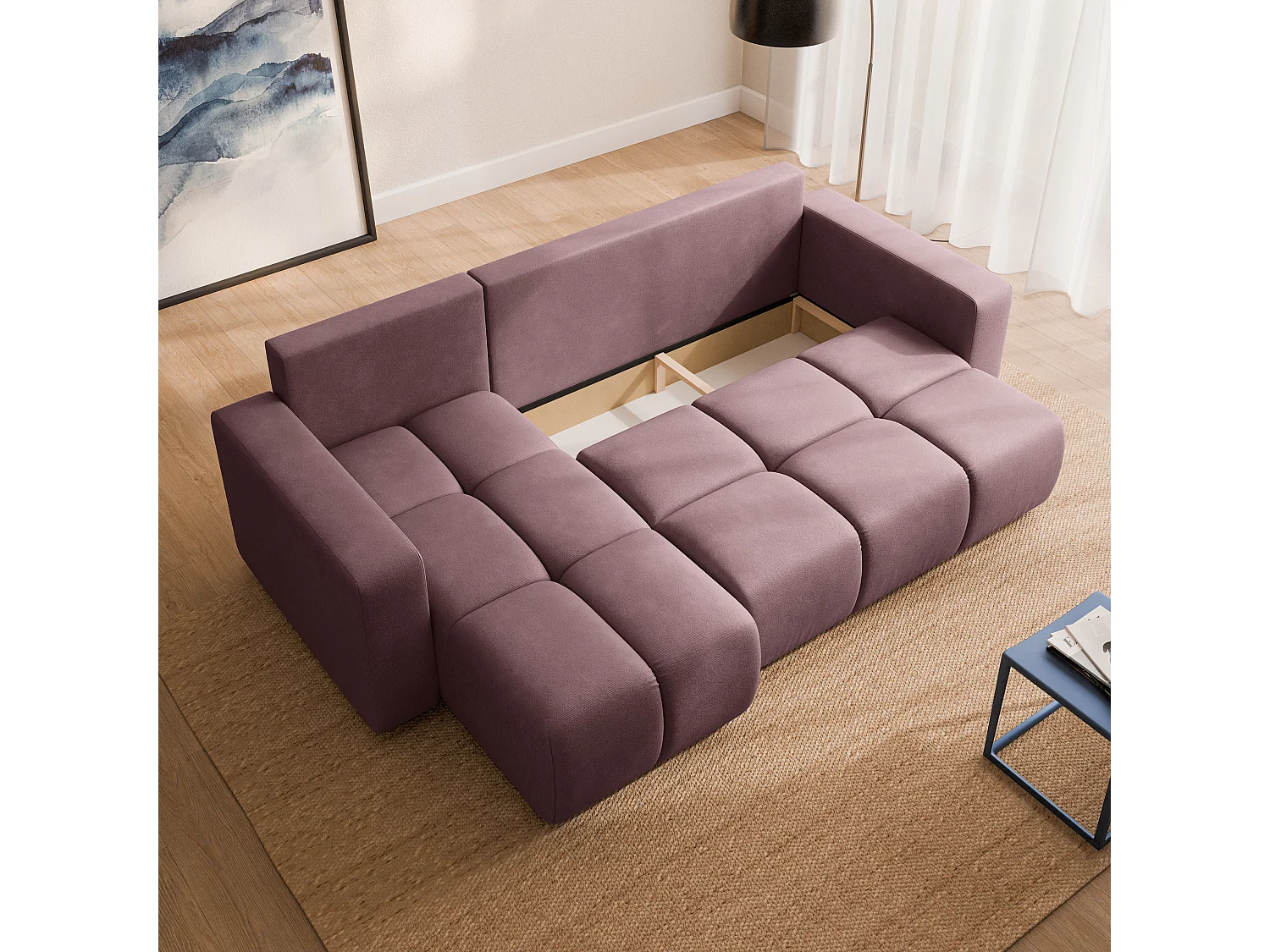 Canapé d'angle RAMIL,  avec fonction de couchage, peluche Rose