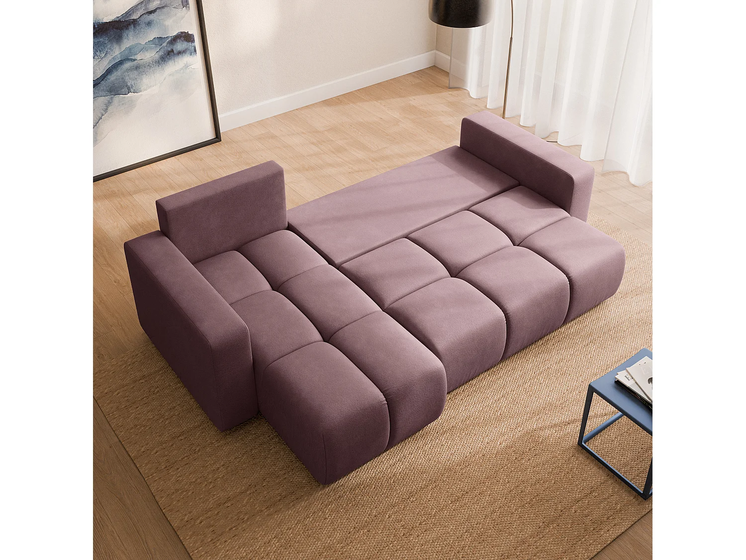 Canapé d'angle RAMIL,  avec fonction de couchage, peluche Rose