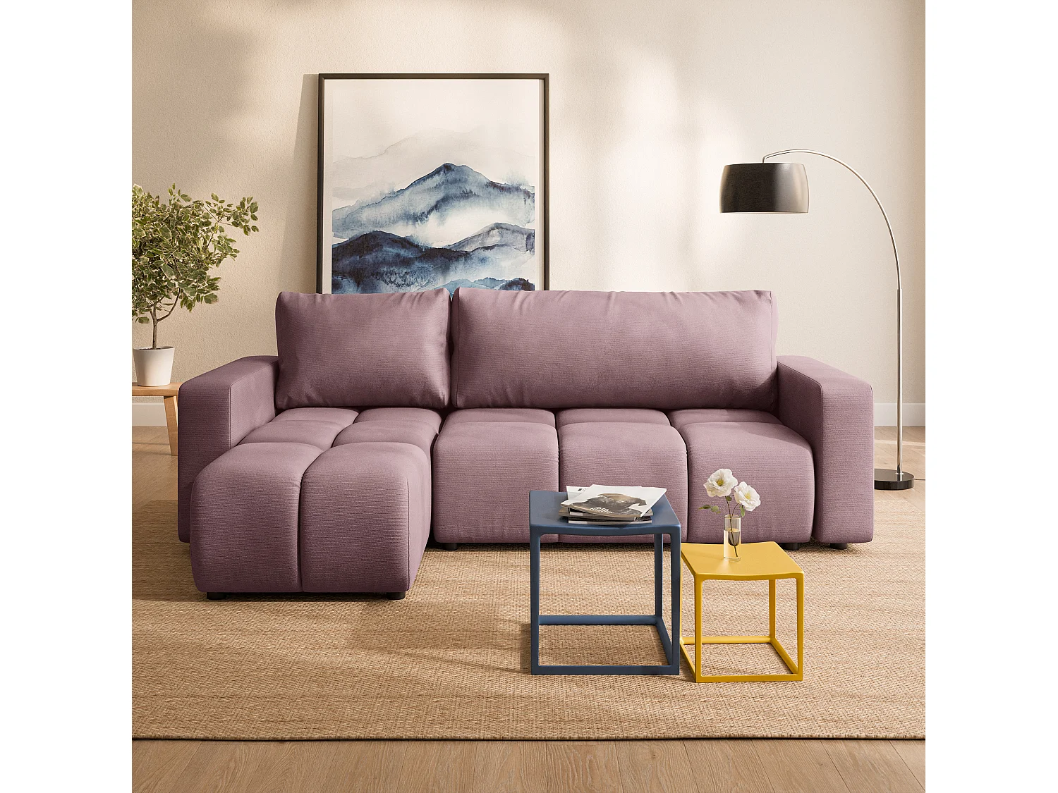 Canapé d'angle RAMIL,  avec fonction de couchage, peluche Rose