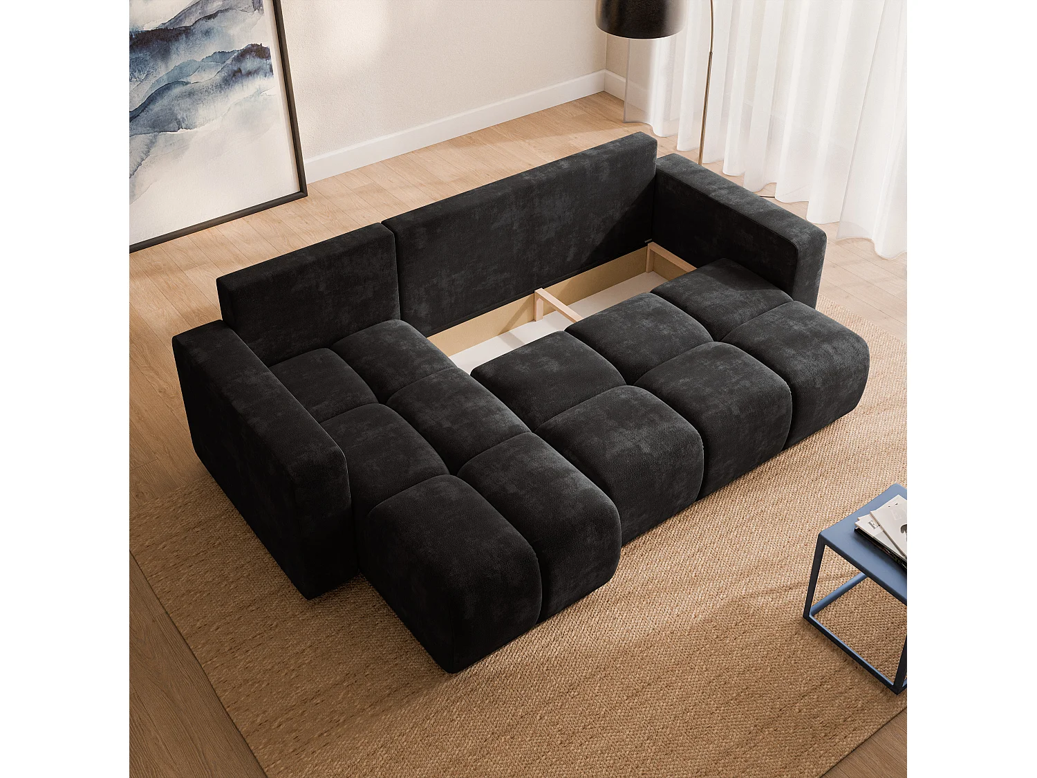 Hoekbank RAMIL, met slaapfunctie, Chenillestof Zwart