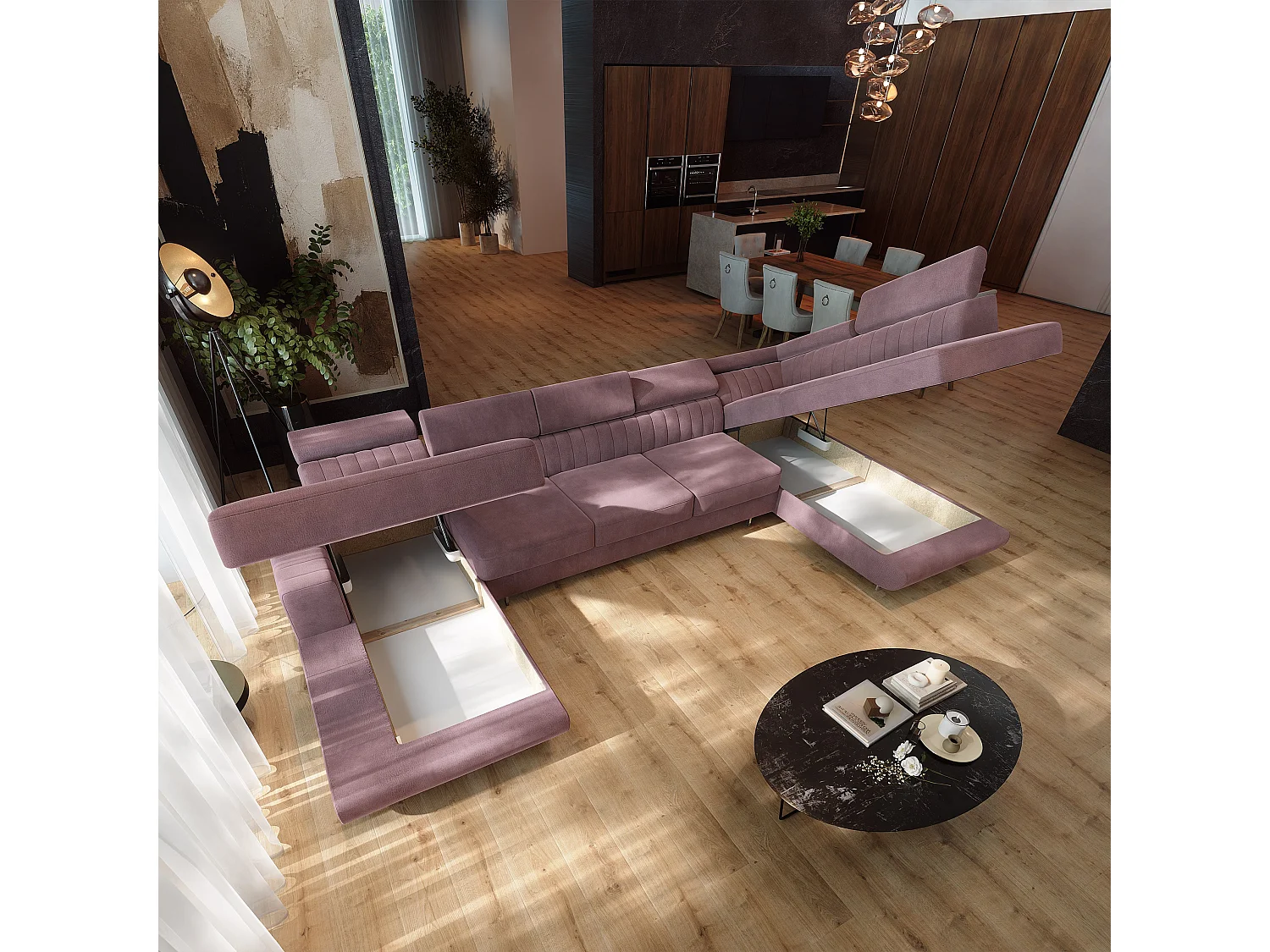 Canapé d'angle GAIAN,  avec fonction de couchage, velours Violet