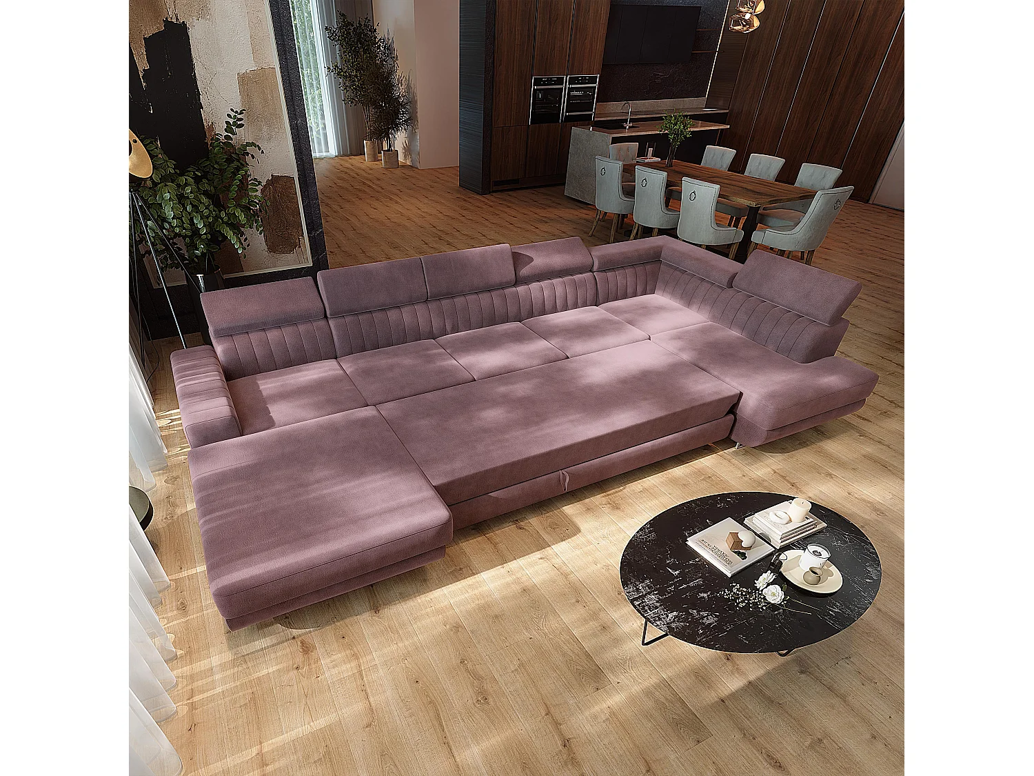 Canapé d'angle GAIAN,  avec fonction de couchage, velours Violet