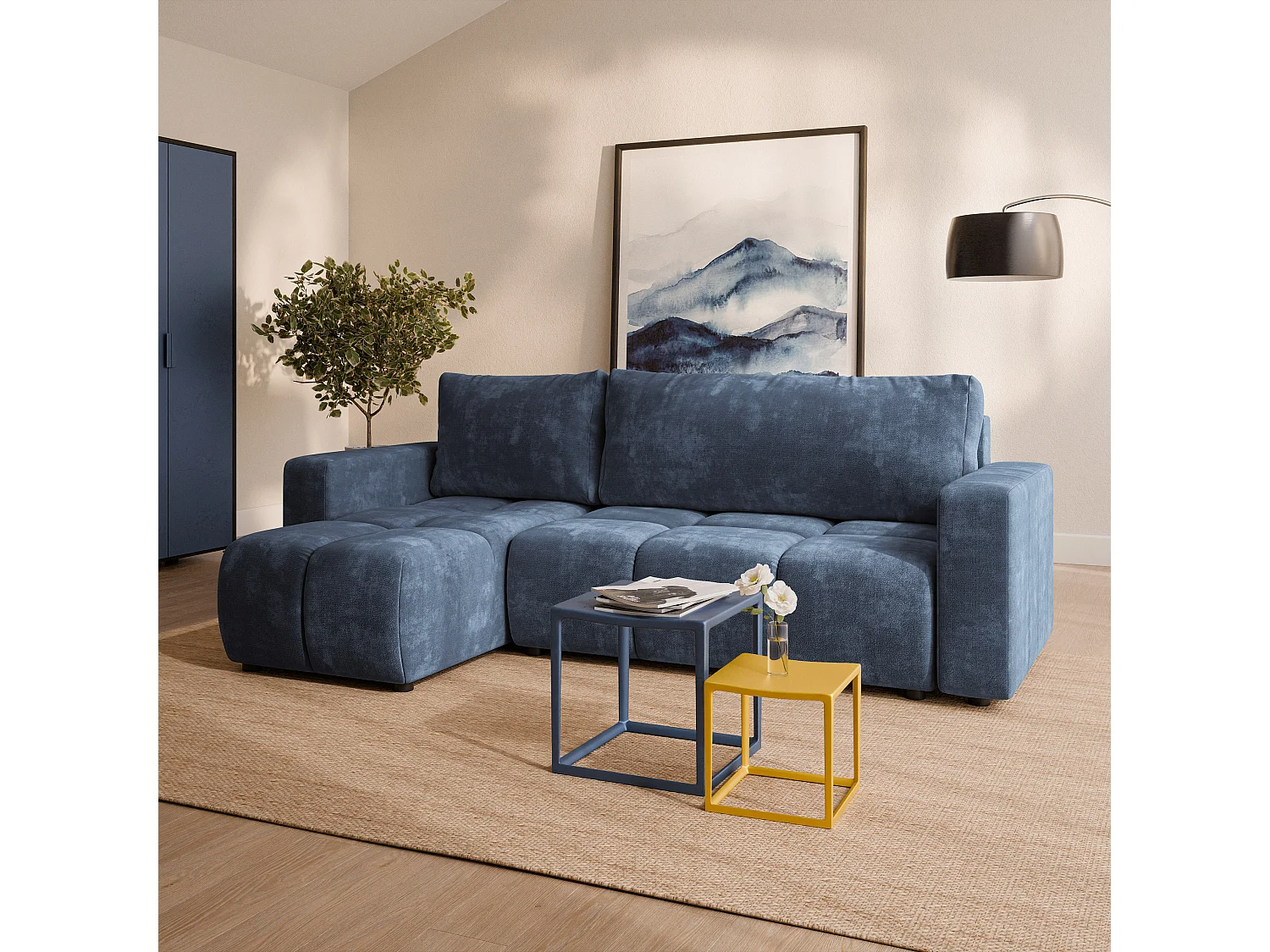 Hoekbank RAMIL, met slaapfunctie, Chenillestof Blauw
