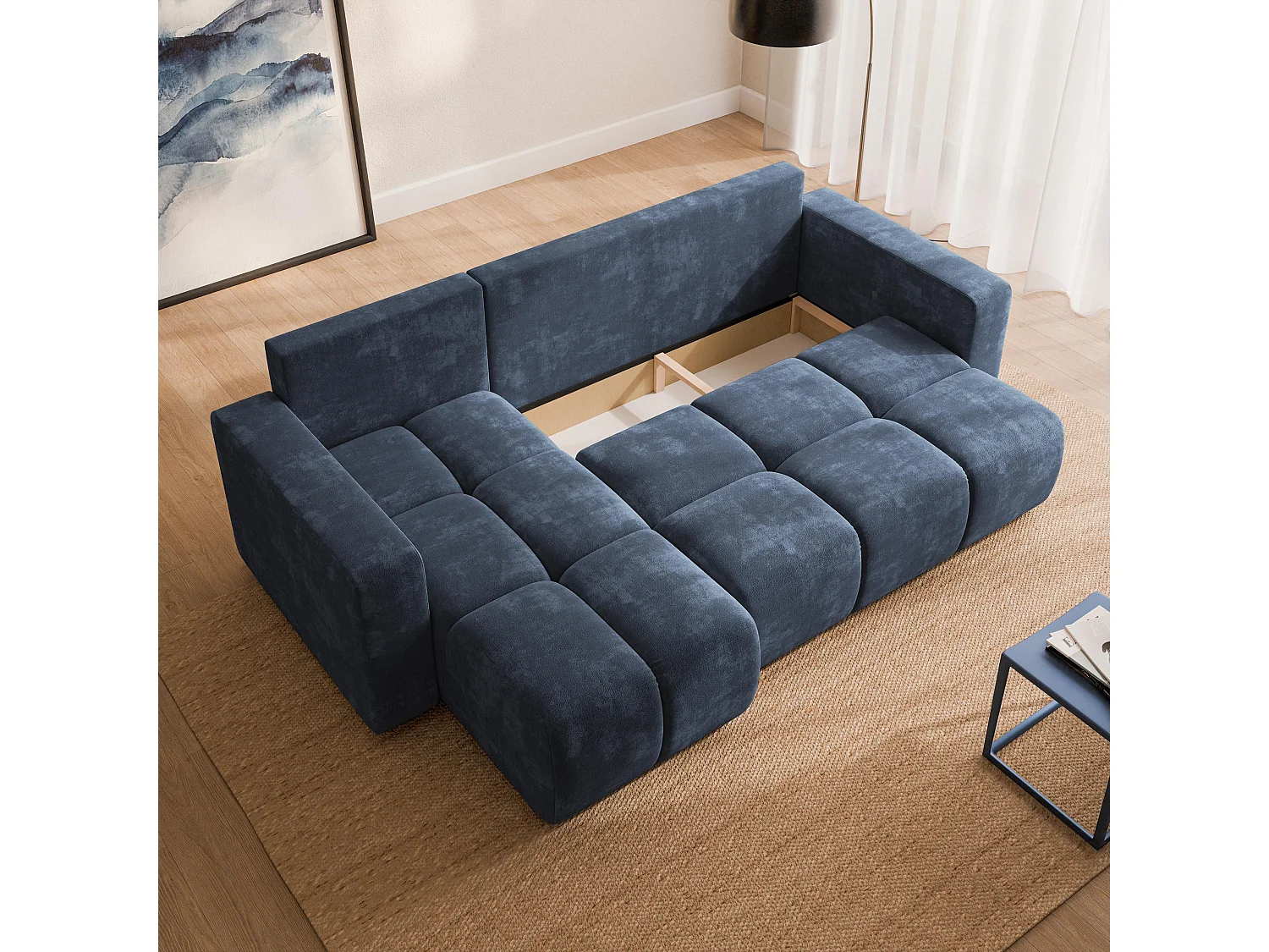 Hoekbank RAMIL, met slaapfunctie, Chenillestof Blauw