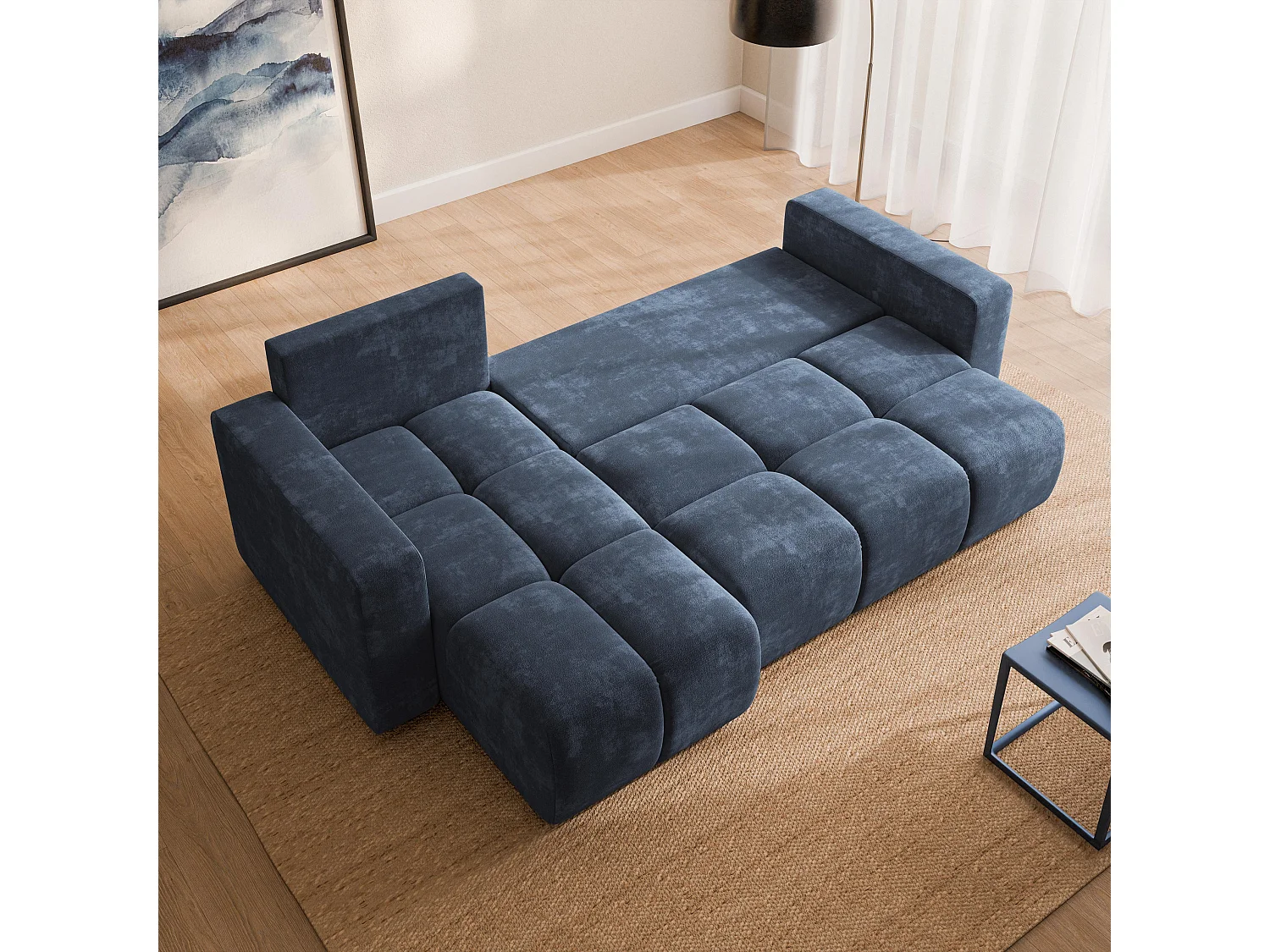Hoekbank RAMIL, met slaapfunctie, Chenillestof Blauw