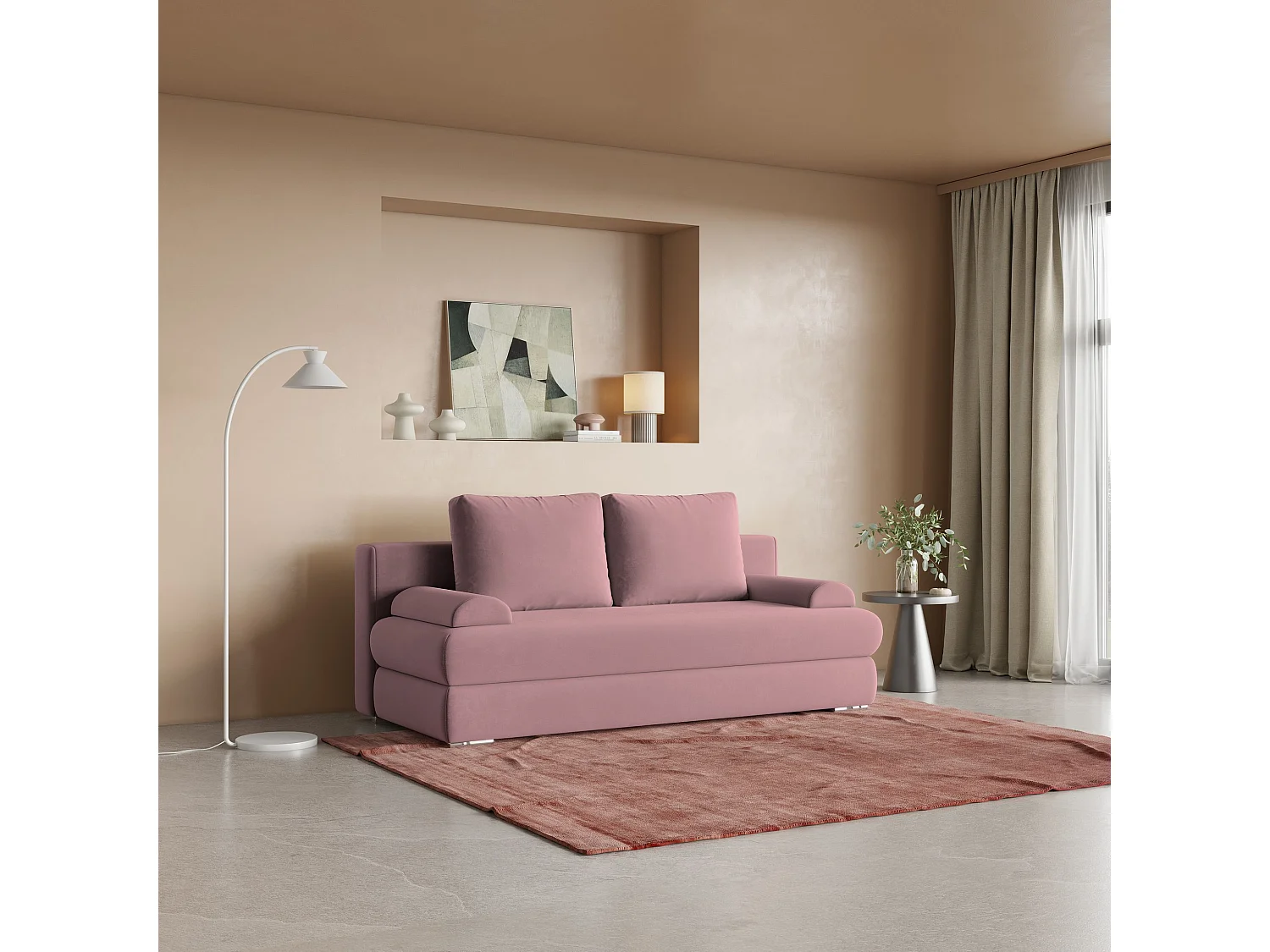 Canapé-lit ASPERO, Tissu peluche, Puderrosa