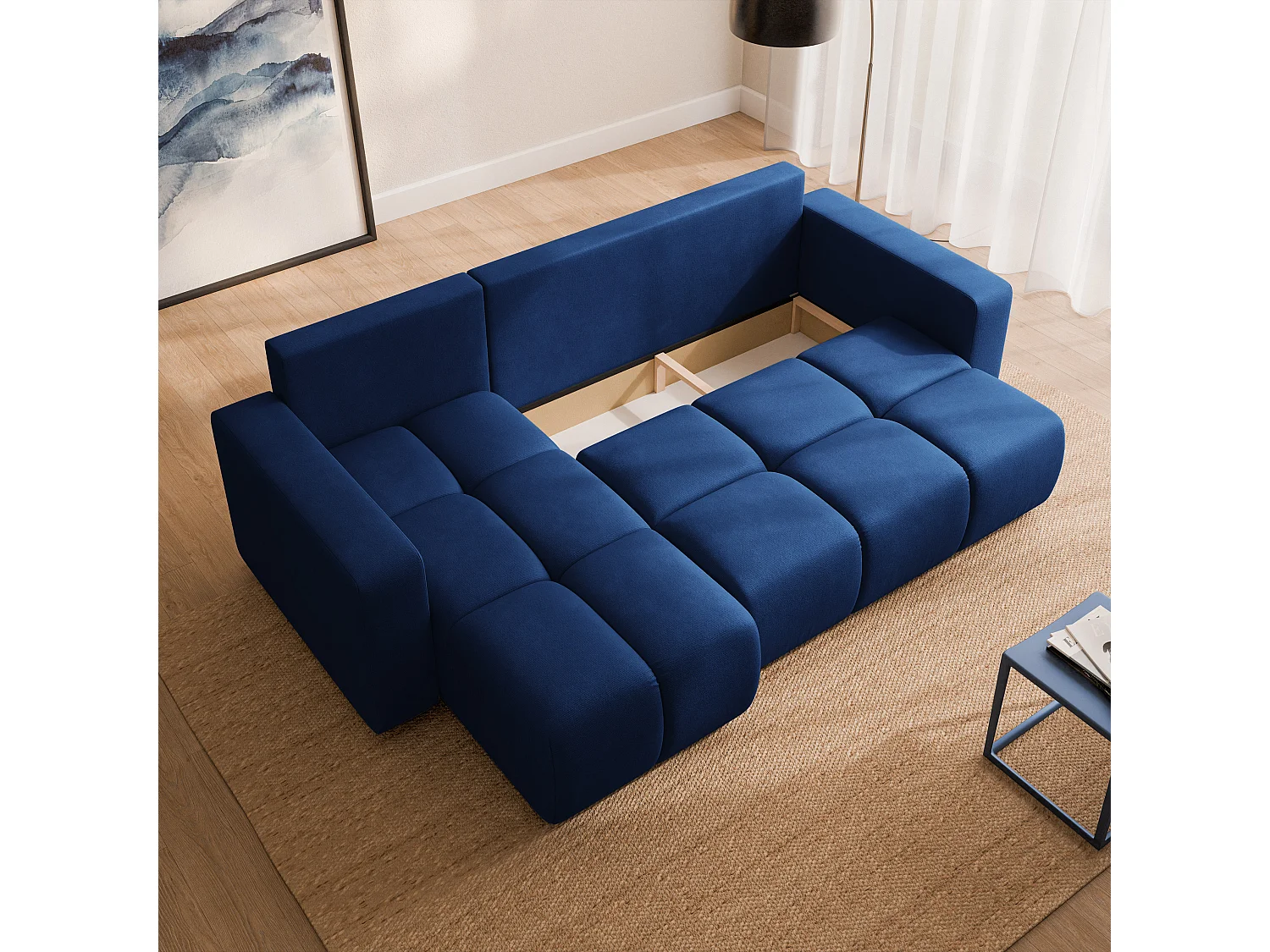 Hoekbank RAMIL, met slaapfunctie, Pluche stof Blauw