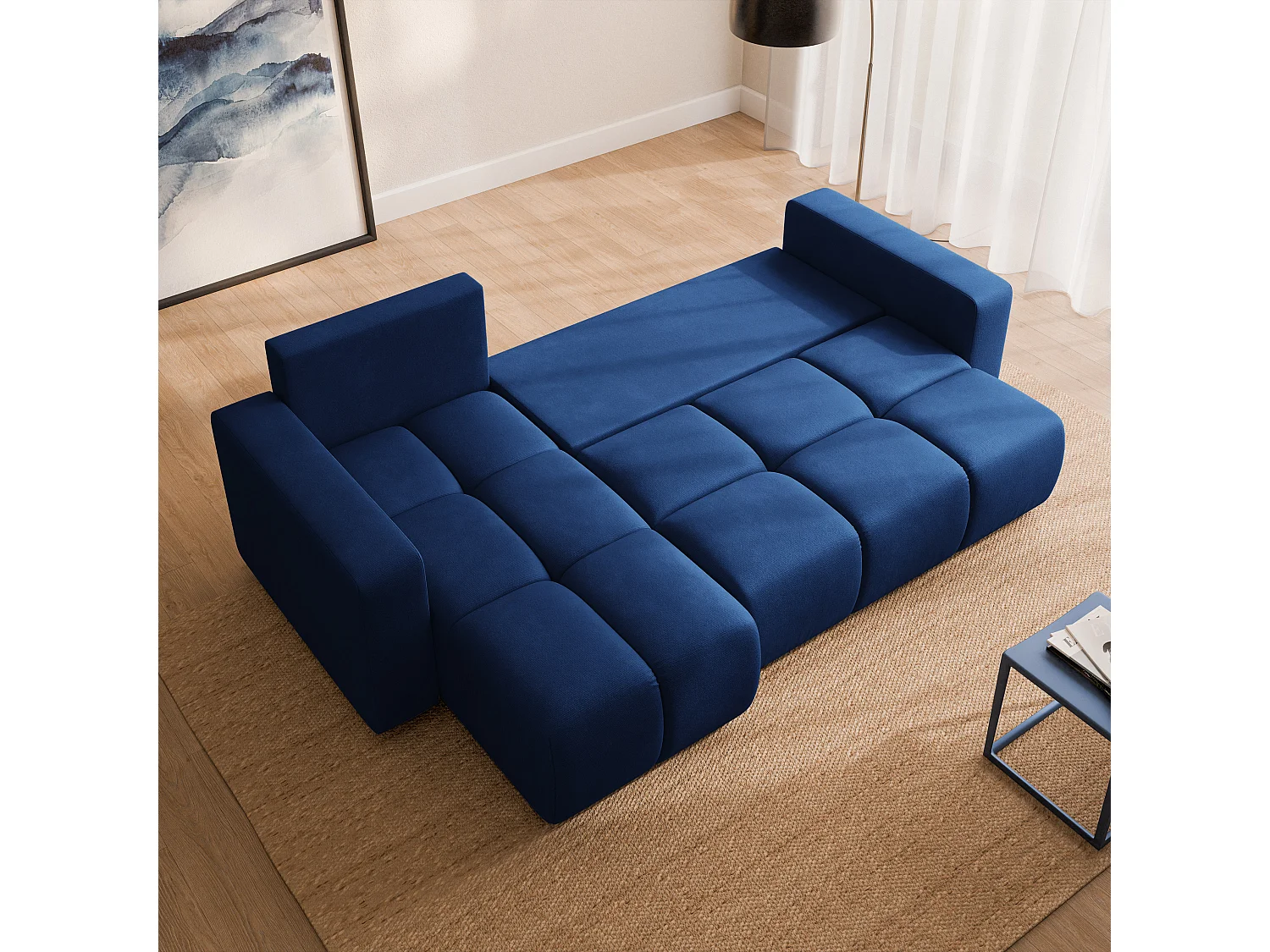 Hoekbank RAMIL, met slaapfunctie, Pluche stof Blauw