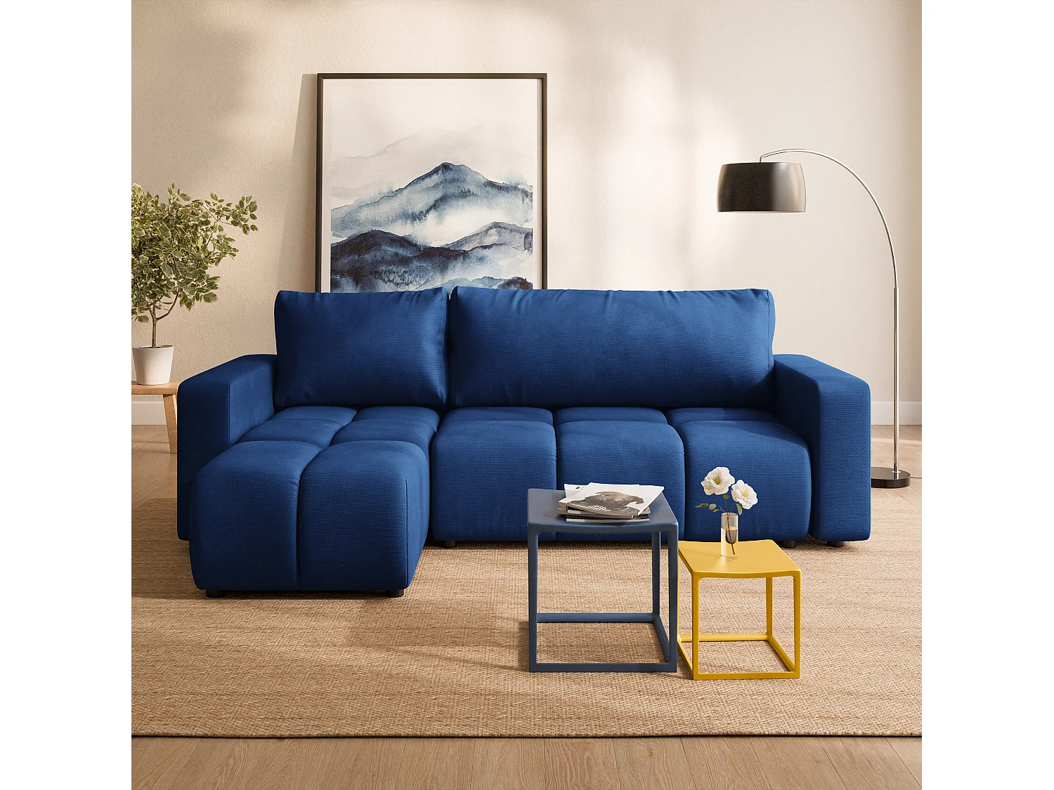 Hoekbank RAMIL, met slaapfunctie, Pluche stof Blauw