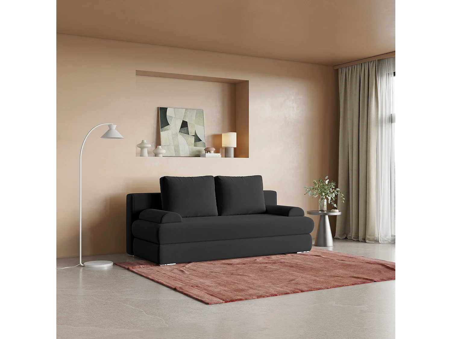 Slaapbank ASPERO Pluche stof Zwart