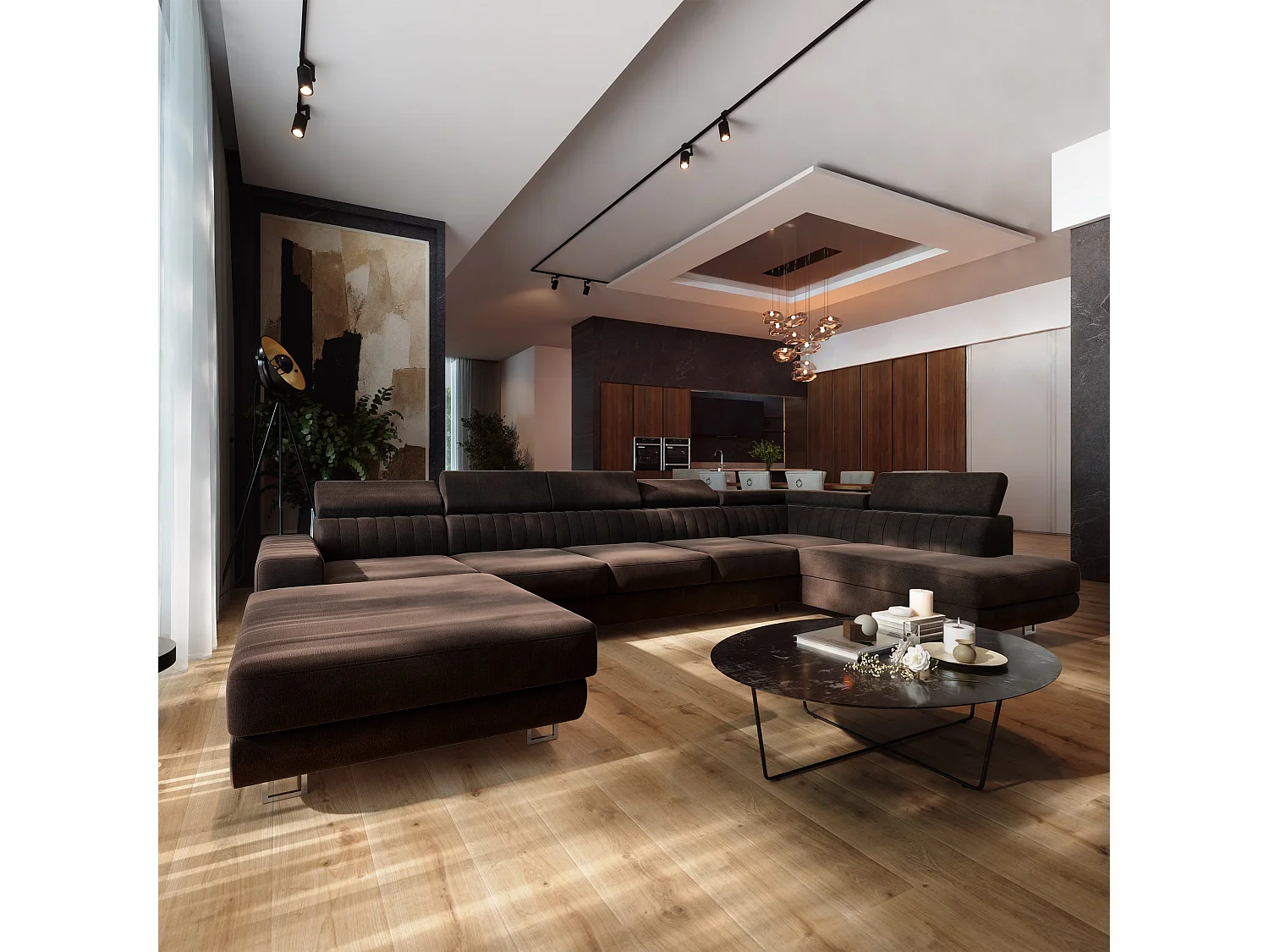 Canapé d'angle GAIAN,  avec fonction de couchage, velours Marron