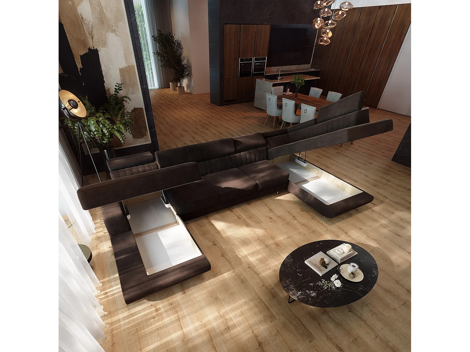 Canapé d'angle GAIAN,  avec fonction de couchage, velours Marron