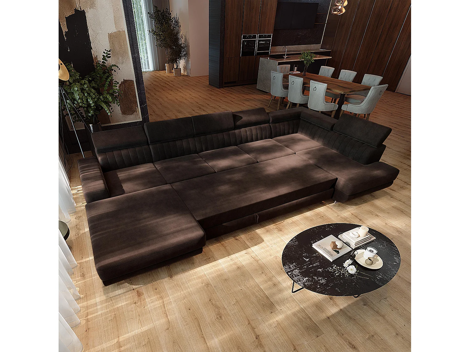 Canapé d'angle GAIAN,  avec fonction de couchage, velours Marron
