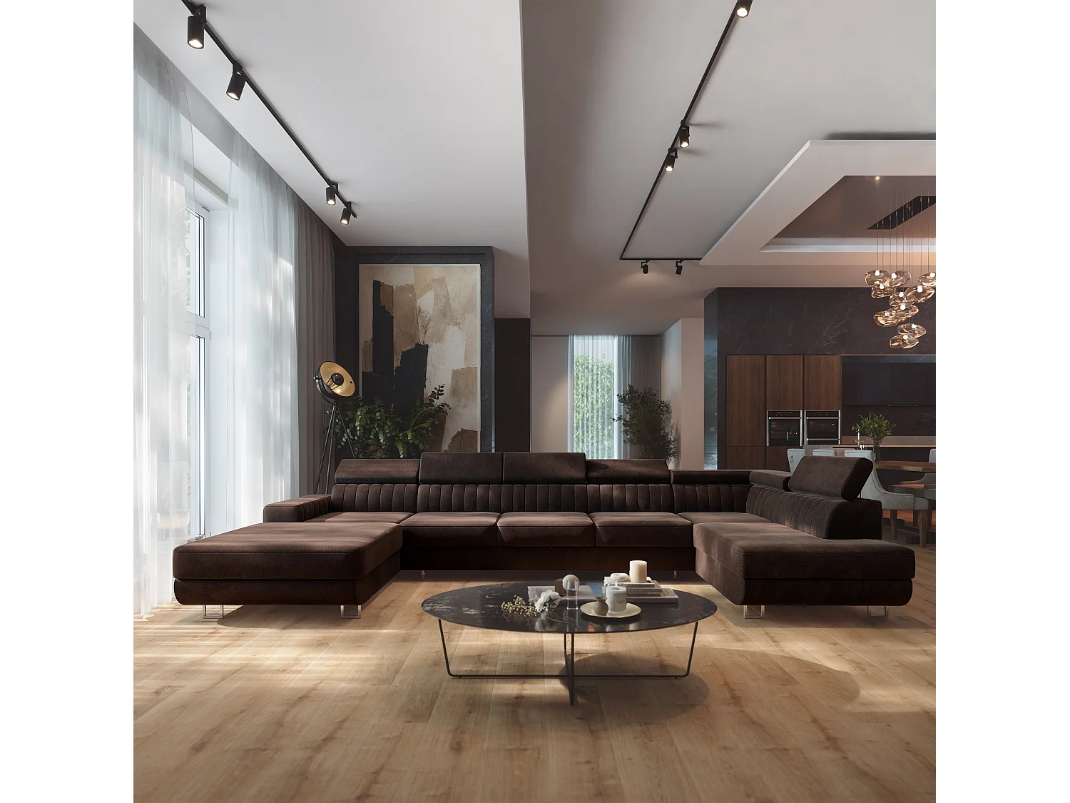 Canapé d'angle GAIAN,  avec fonction de couchage, velours Marron