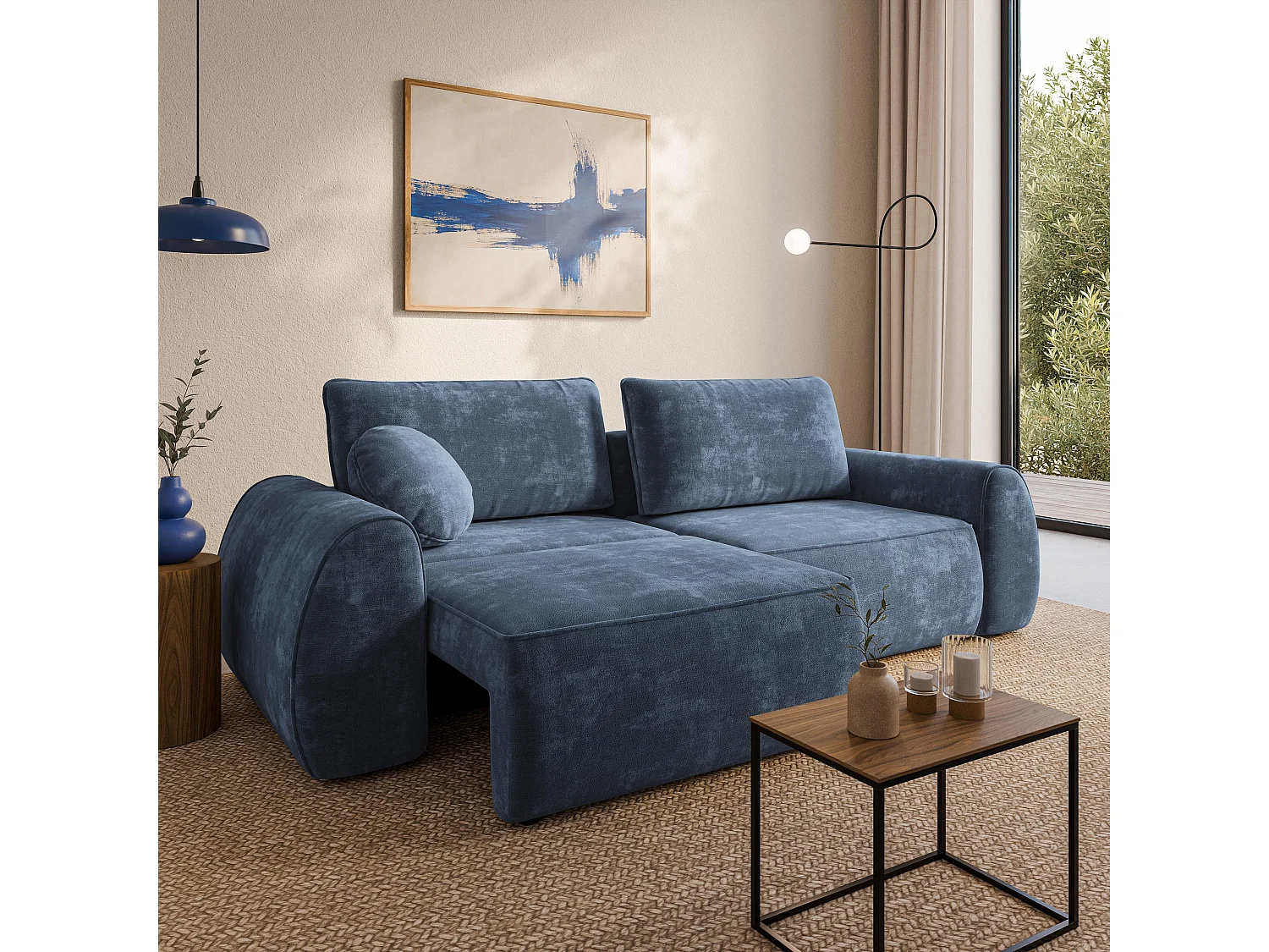 Slaapbank ZEFEO Chenillestof Blauw