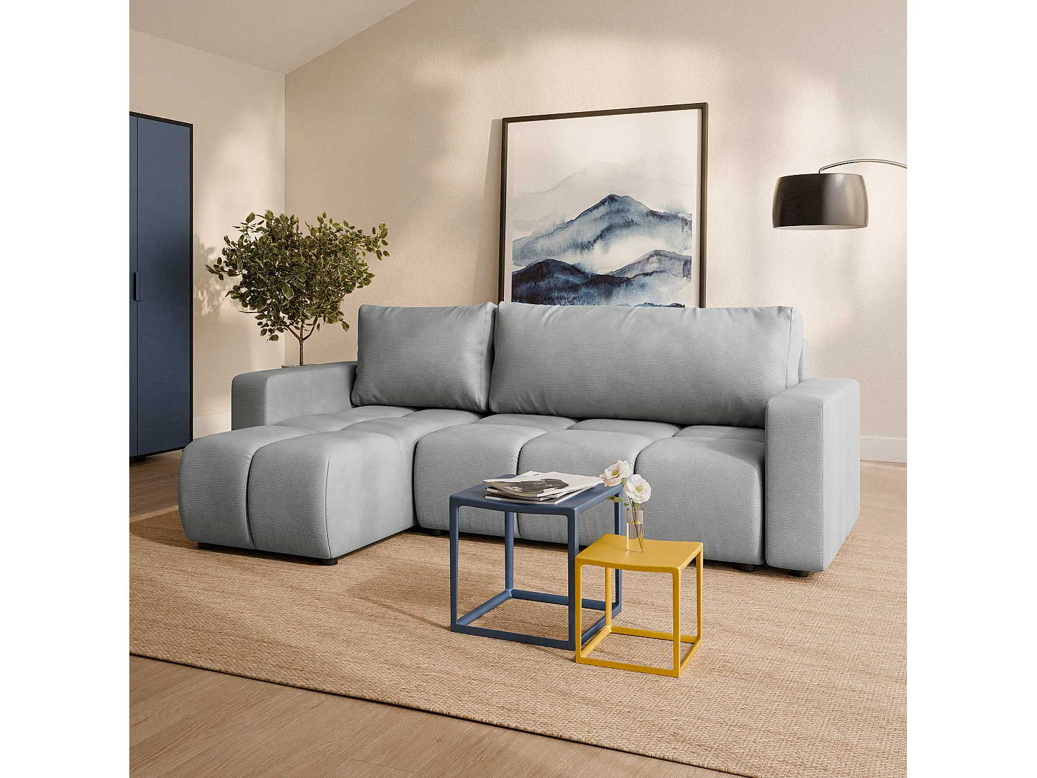 Canapé d'angle RAMIL,  avec fonction de couchage, peluche Gris clair