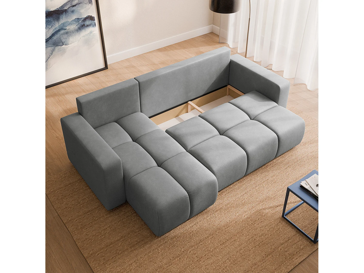 Canapé d'angle RAMIL,  avec fonction de couchage, peluche Gris clair
