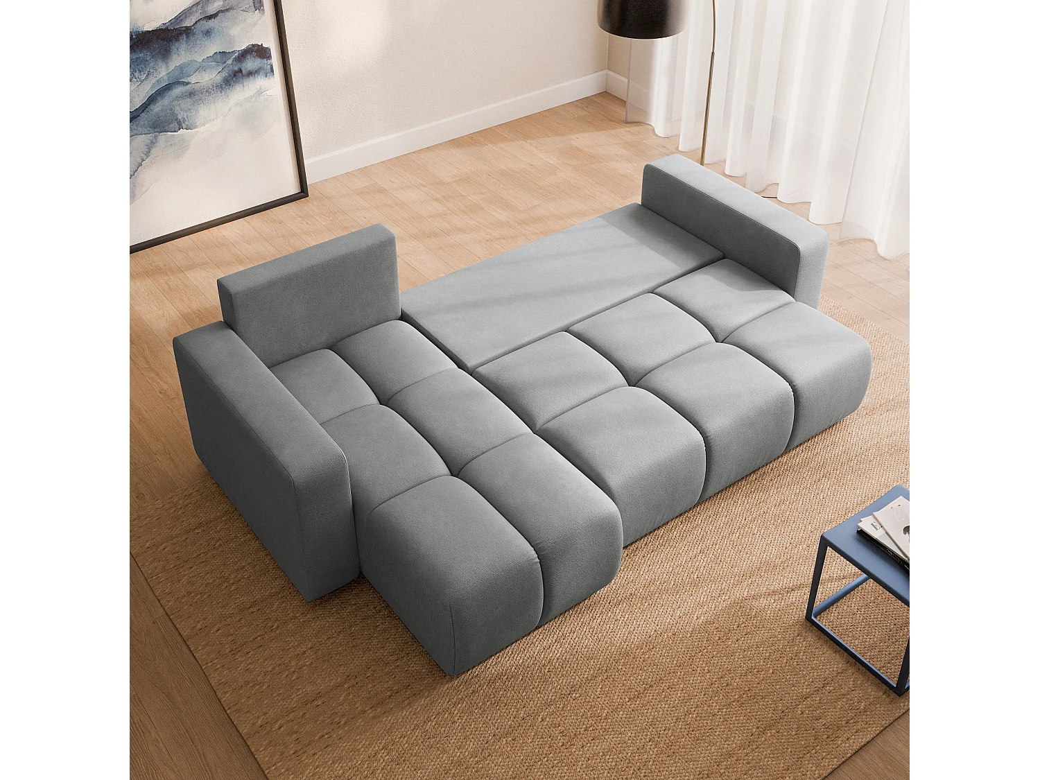 Canapé d'angle RAMIL,  avec fonction de couchage, peluche Gris clair
