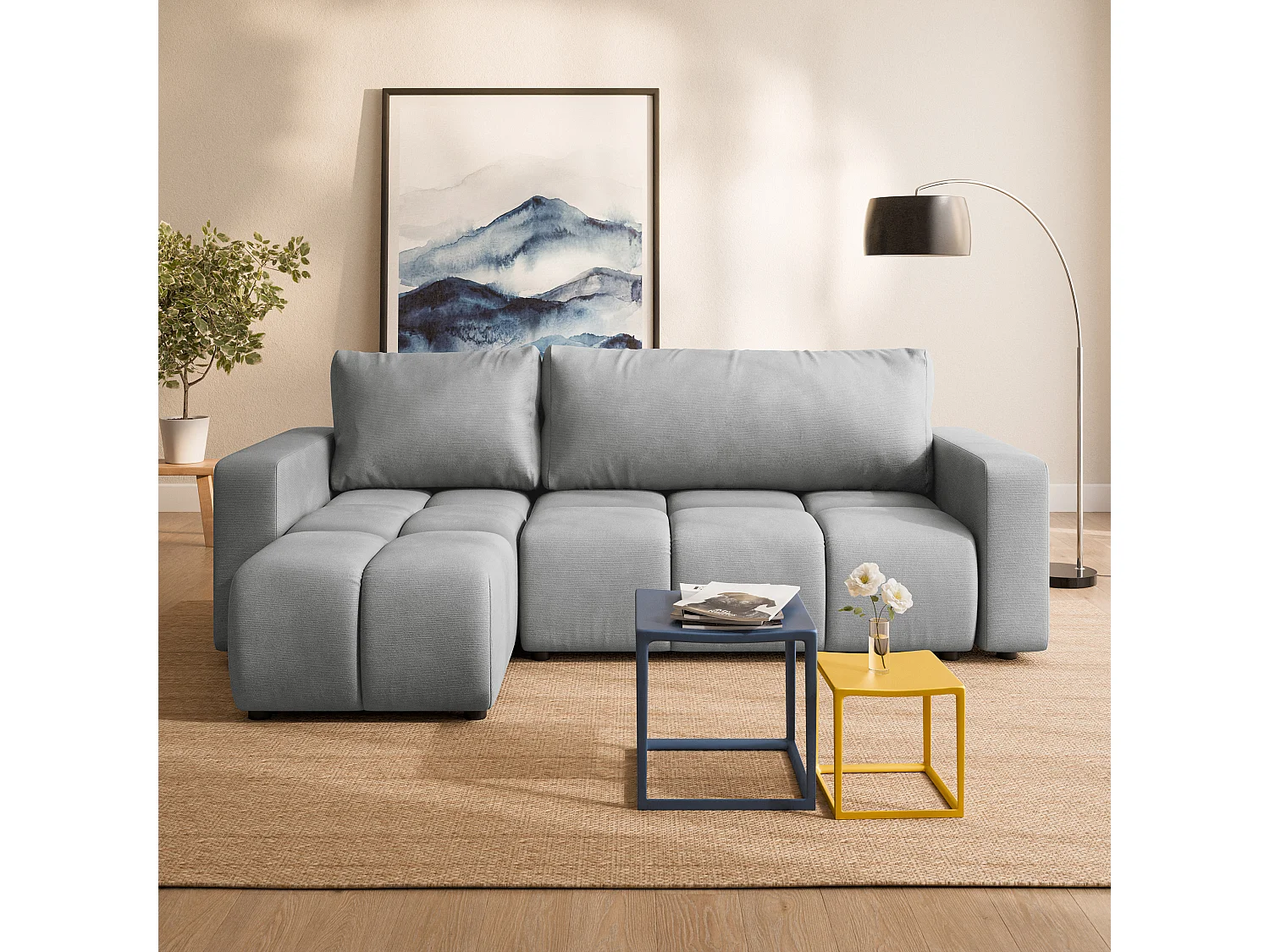 Canapé d'angle RAMIL,  avec fonction de couchage, peluche Gris clair