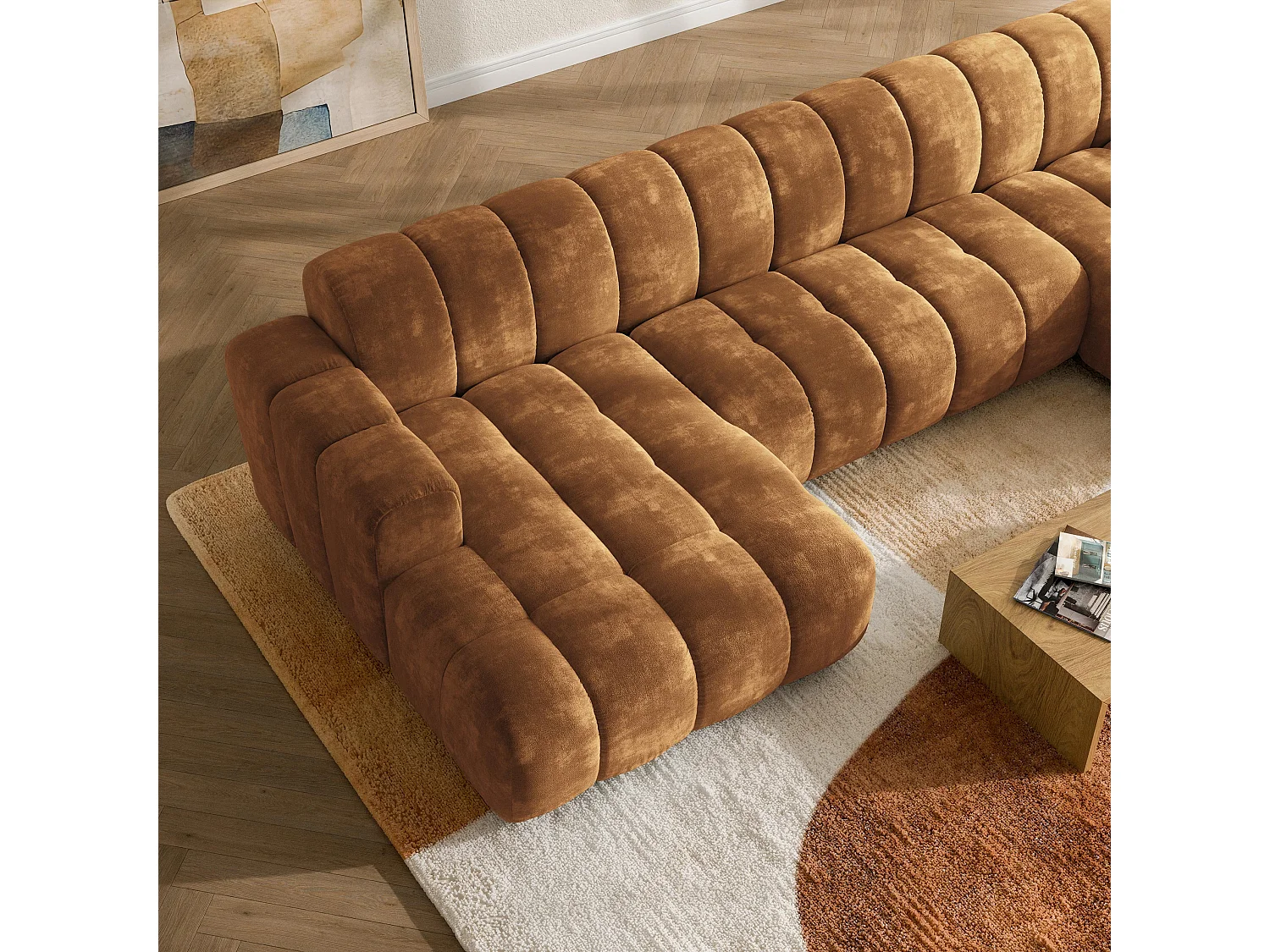 Canapé d'angle AENIS, Tissue Chenille Marron
