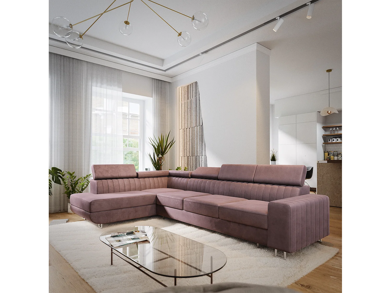 Canapé d'angle HESTION,  avec fonction de couchage, velours Violet