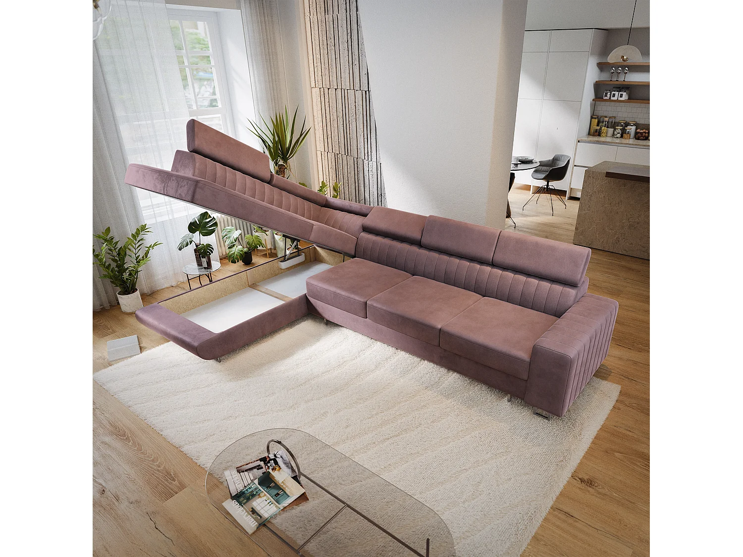 Canapé d'angle HESTION,  avec fonction de couchage, velours Violet
