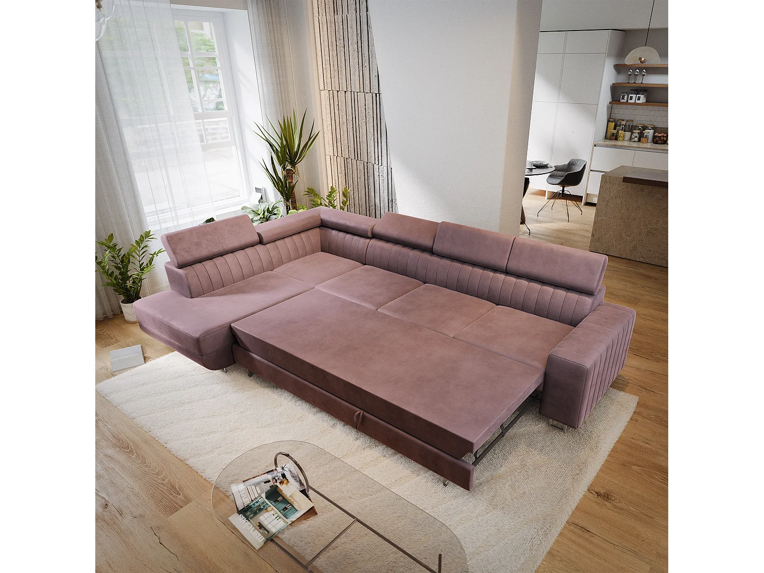 Canapé d'angle HESTION,  avec fonction de couchage, velours Violet