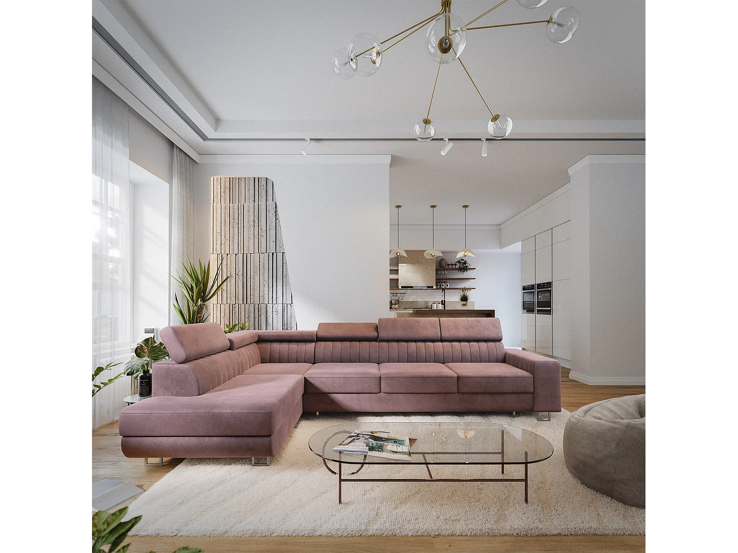 Canapé d'angle HESTION,  avec fonction de couchage, velours Violet