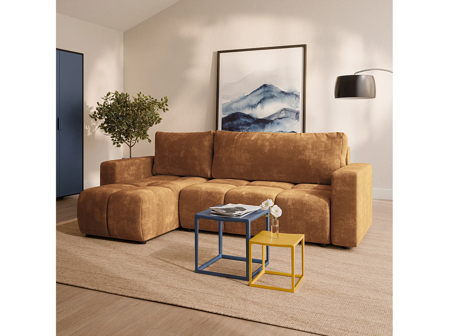 Canapé d'angle RAMIL,  avec fonction de couchage, Tissue Chenille Marron