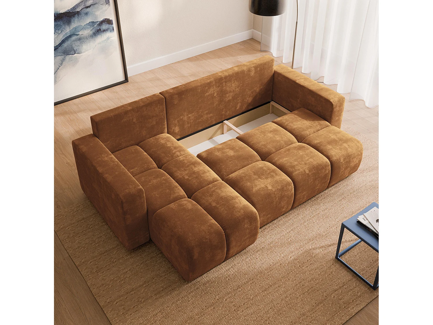 Canapé d'angle RAMIL,  avec fonction de couchage, Tissue Chenille Marron