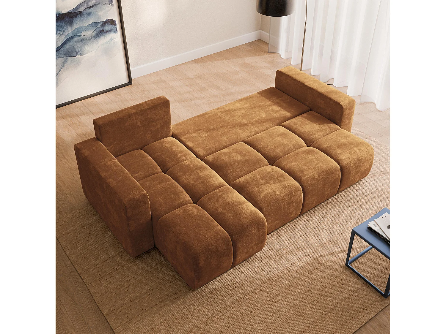 Canapé d'angle RAMIL,  avec fonction de couchage, Tissue Chenille Marron