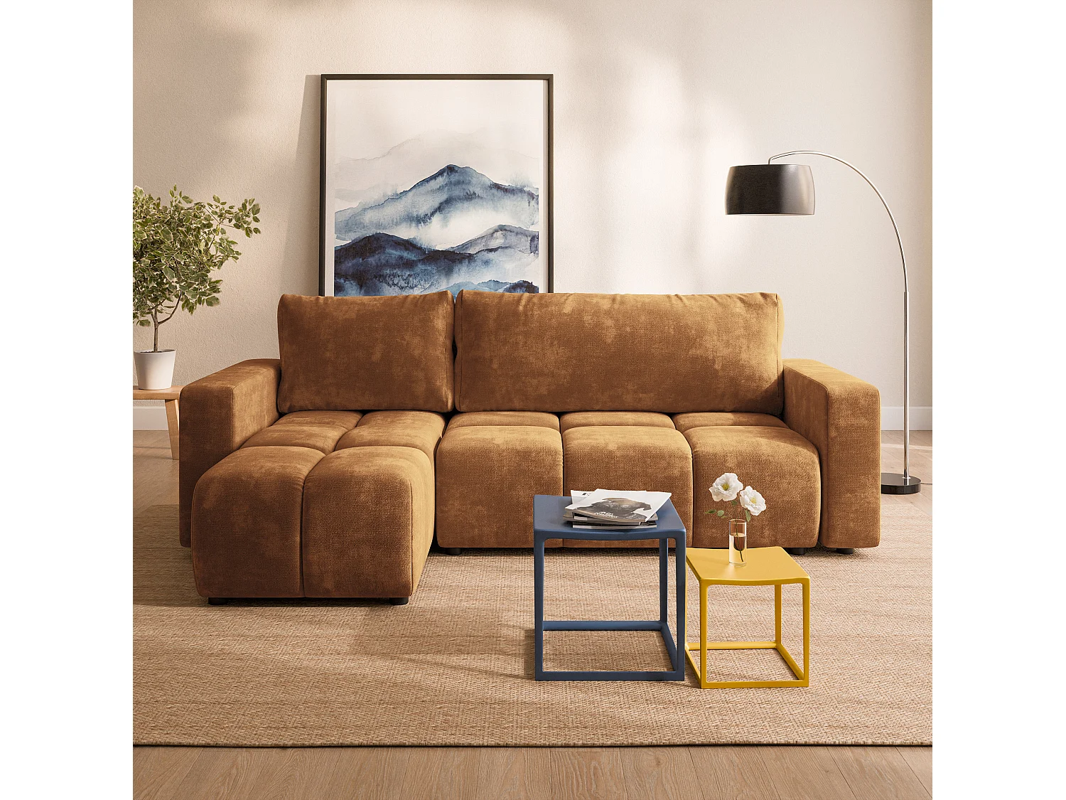 Canapé d'angle RAMIL,  avec fonction de couchage, Tissue Chenille Marron