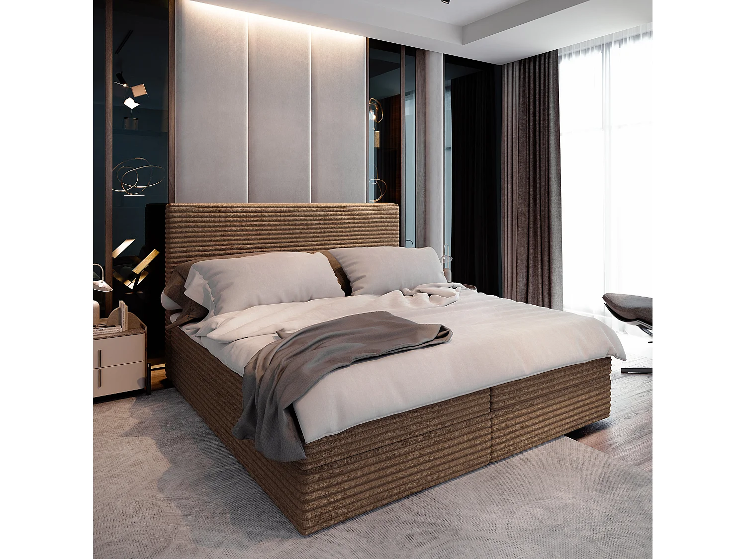 Lit boxspring PISA 200x200 cm avec tête de lit, sommier et matelas, Beige