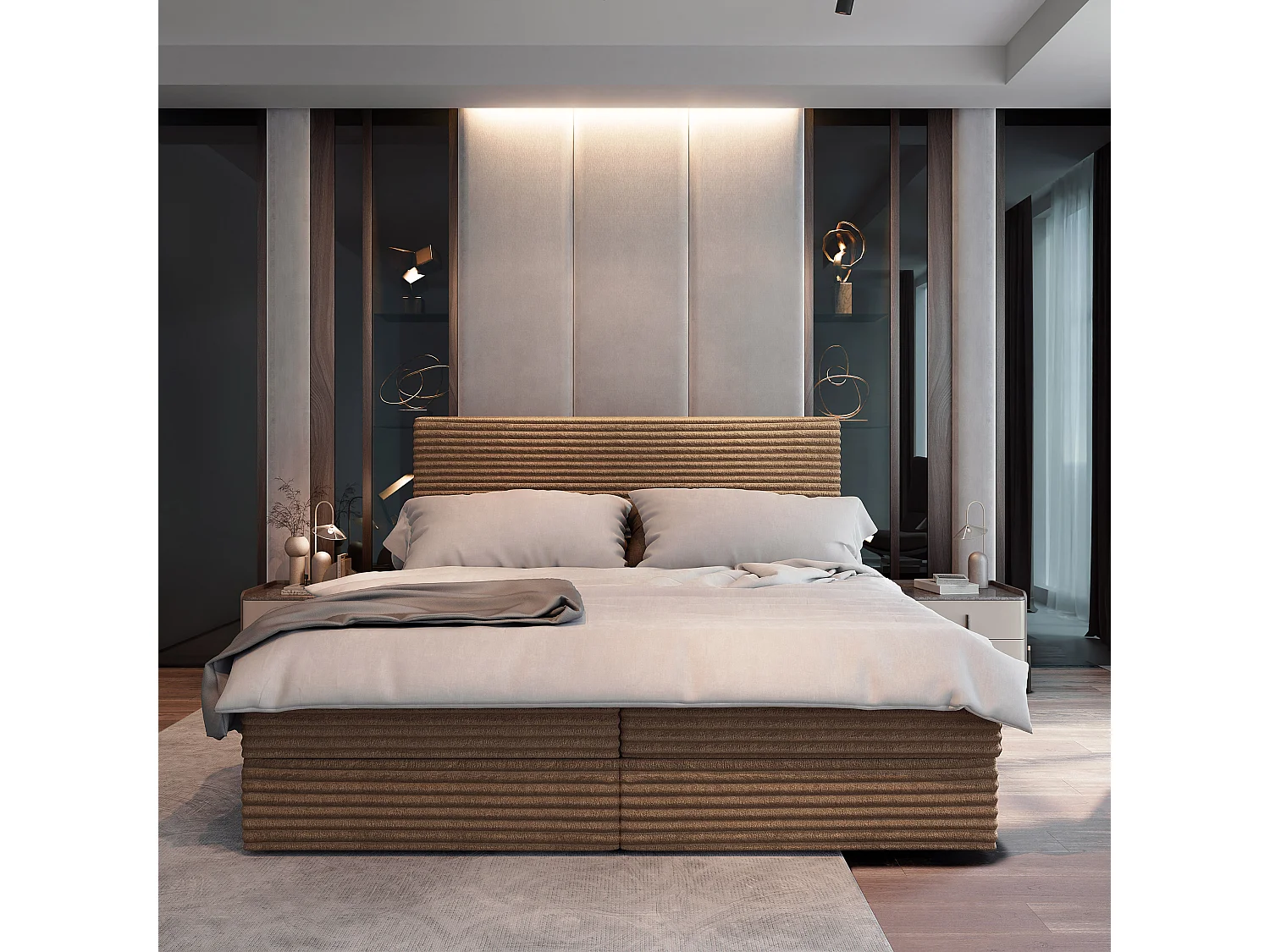 Lit boxspring PISA 200x200 cm avec tête de lit, sommier et matelas, Beige
