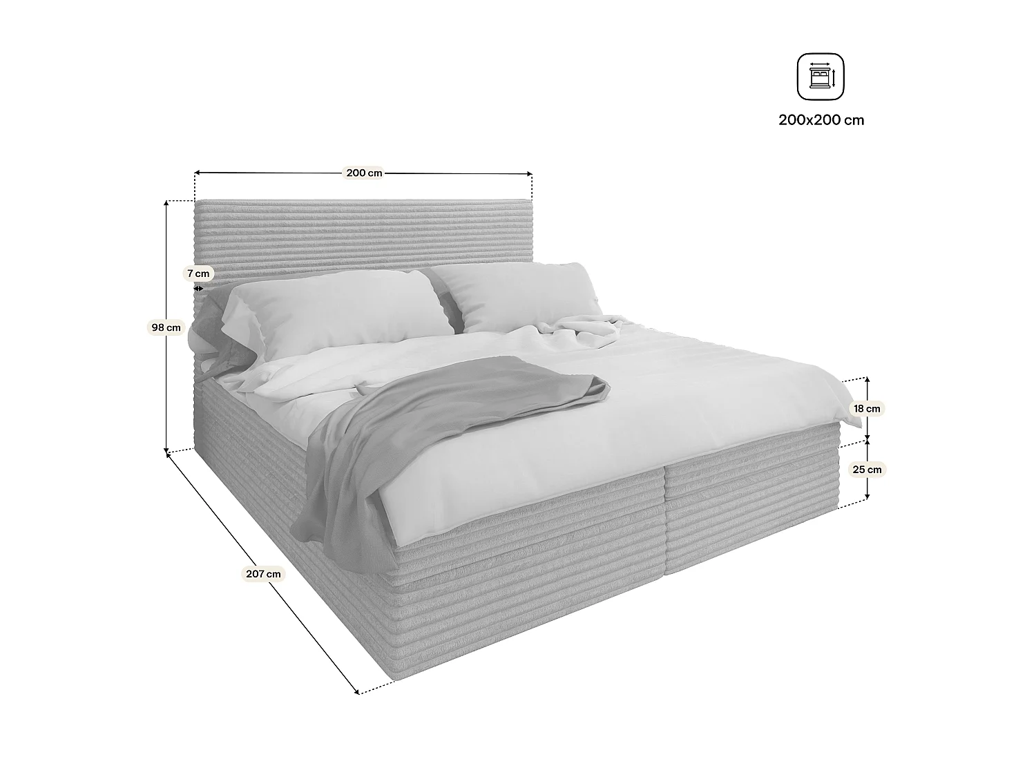 Lit boxspring PISA 200x200 cm avec tête de lit, sommier et matelas, Beige