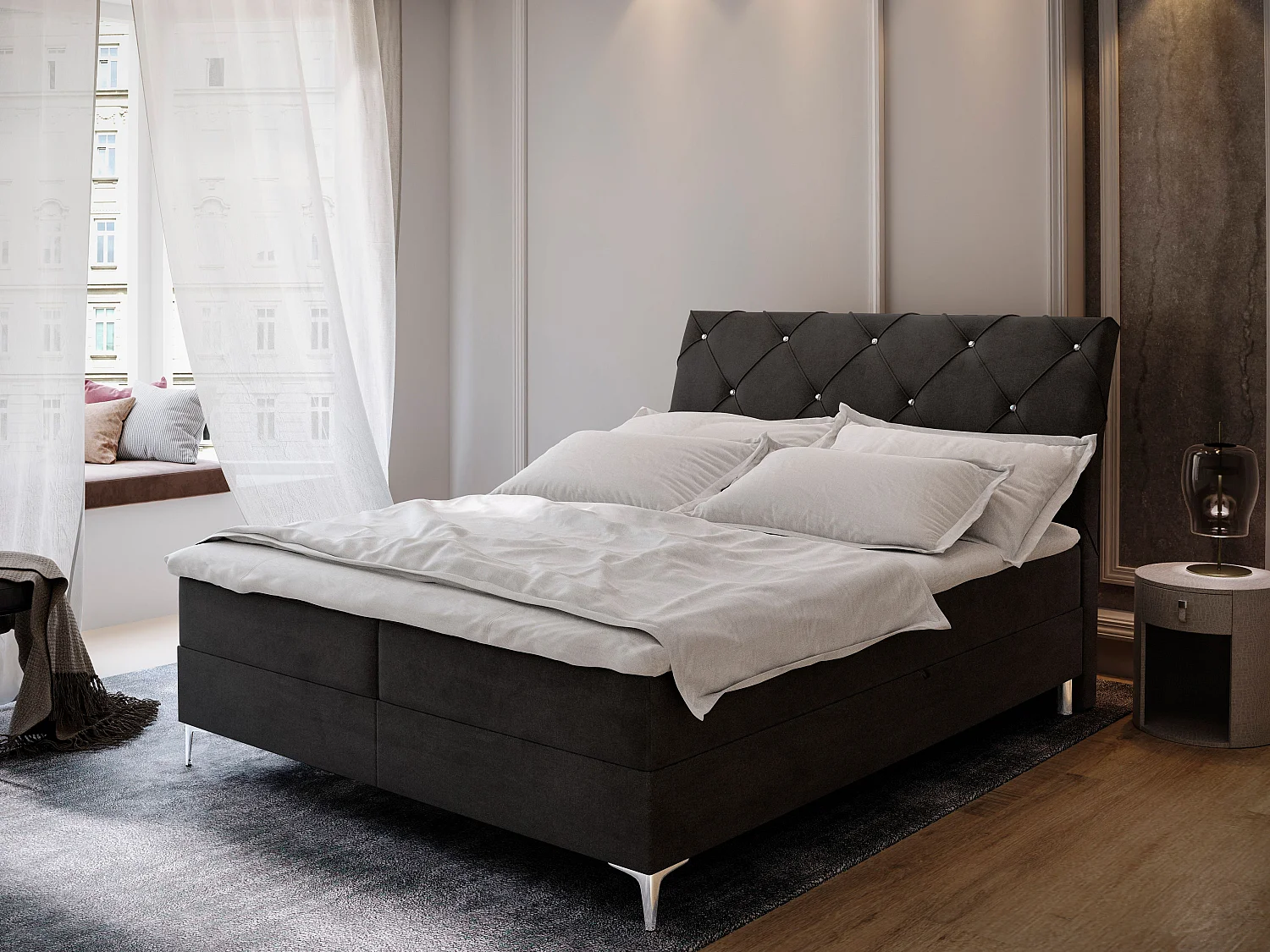 Boxspringbed MACON 200x200 cm Set met hoofdbord, bedbodem en matras, Zwart