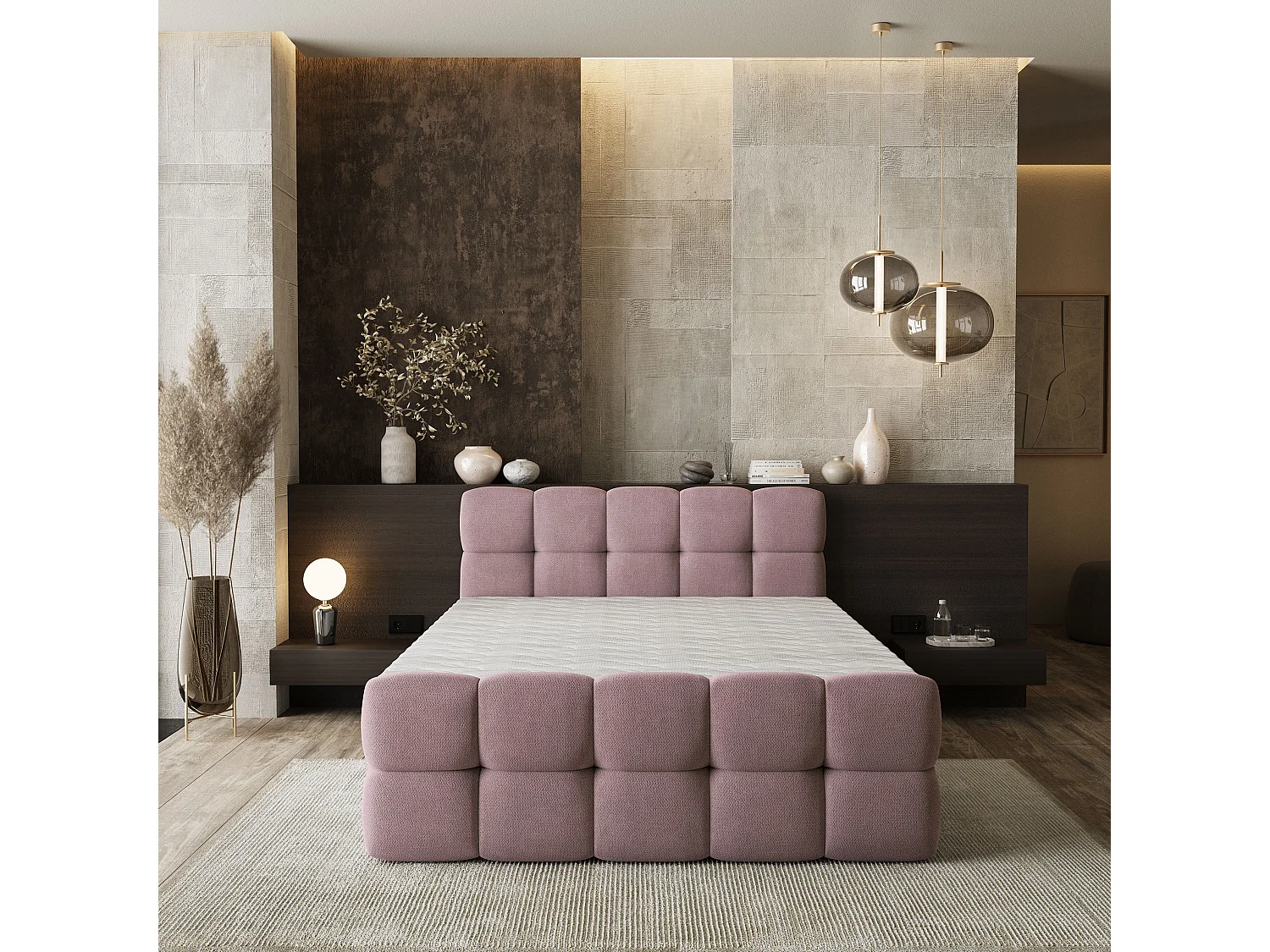 Lit boxspring BRUME 200x200 cm avec tête de lit, sommier et matelas, Rose poudré