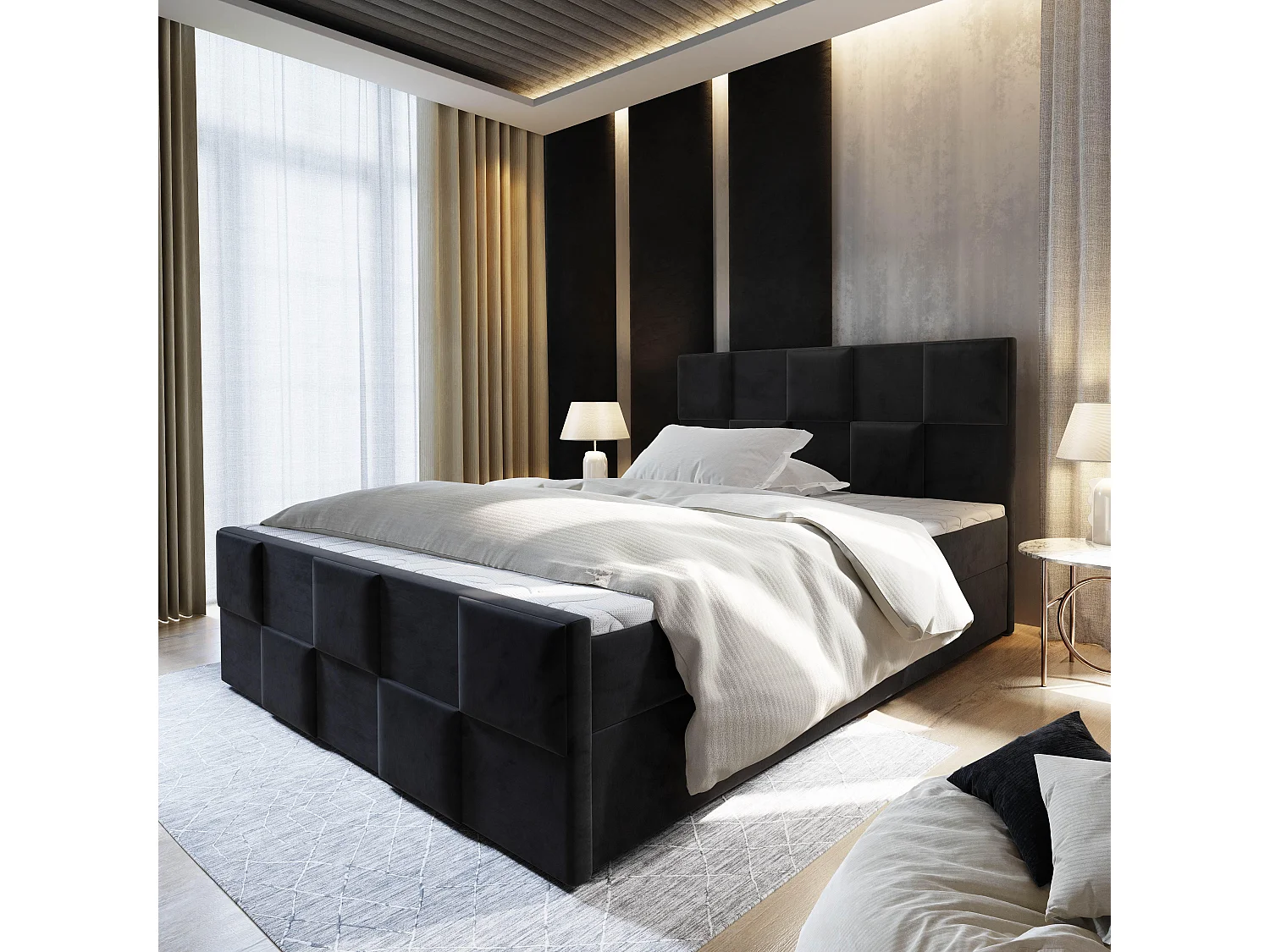 Boxspringbed MONA 200x200 cm Set met hoofdbord, bedbodem en matras, Zwart
