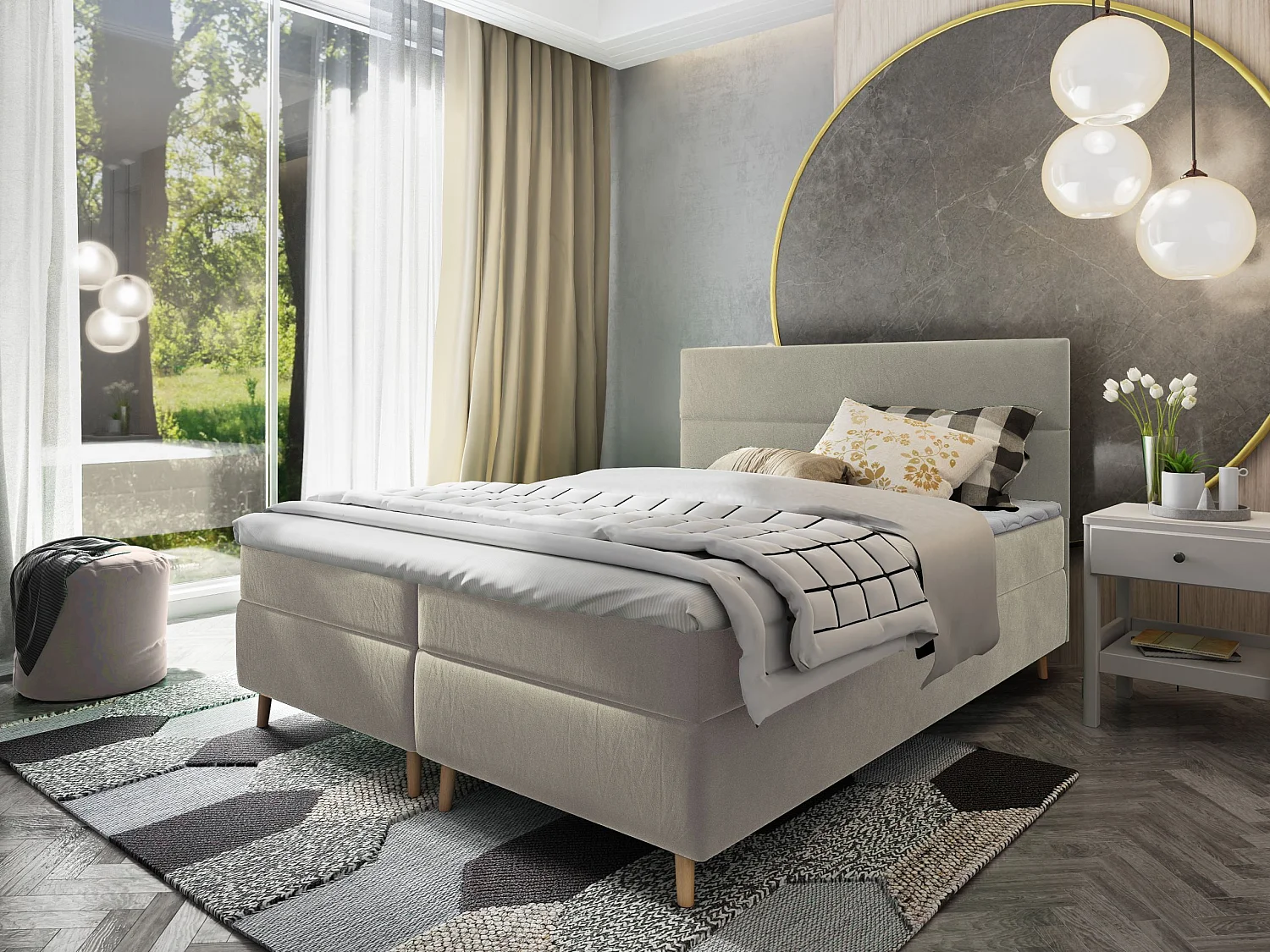 Boxspringbed SANTA 200x200 cm Set met hoofdbord, bedbodem en matras, Beige