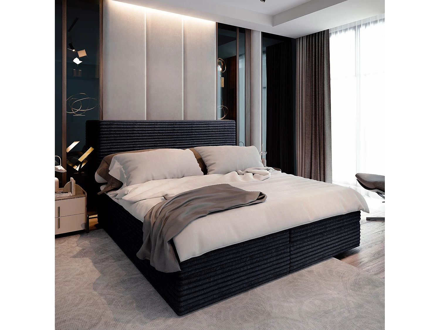 Lit boxspring PISA 200x200 cm avec tête de lit, sommier et matelas, Noir