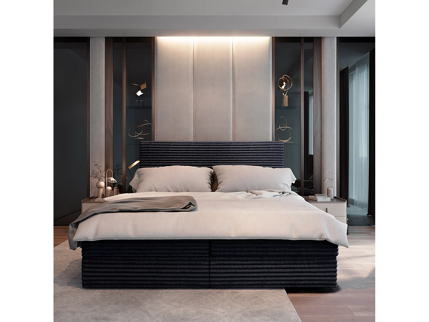 Lit boxspring PISA 200x200 cm avec tête de lit, sommier et matelas, Noir