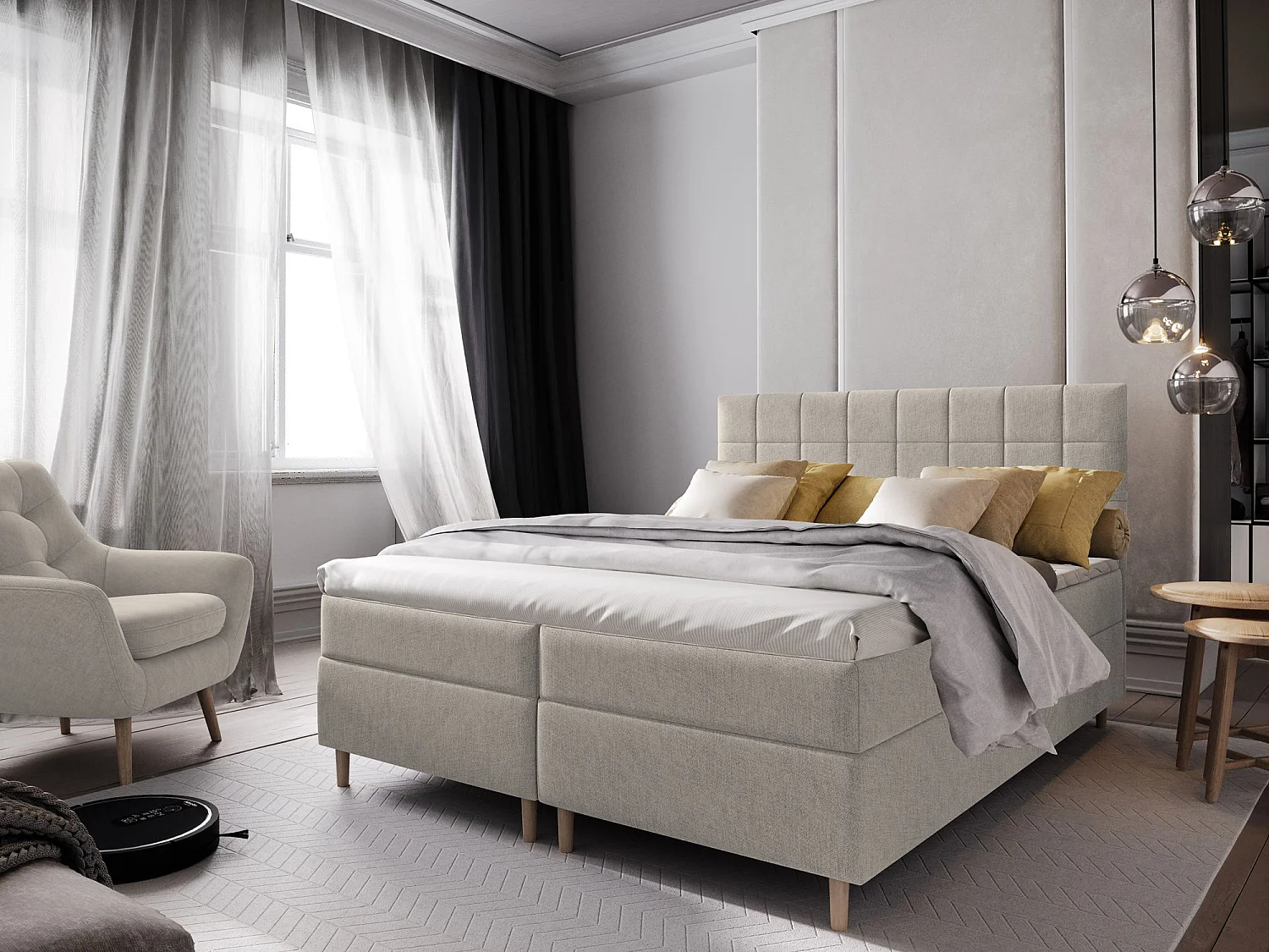 Boxspringbed IBIZA 200x200 cm Set met hoofdbord, bedbodem en matras, Beige