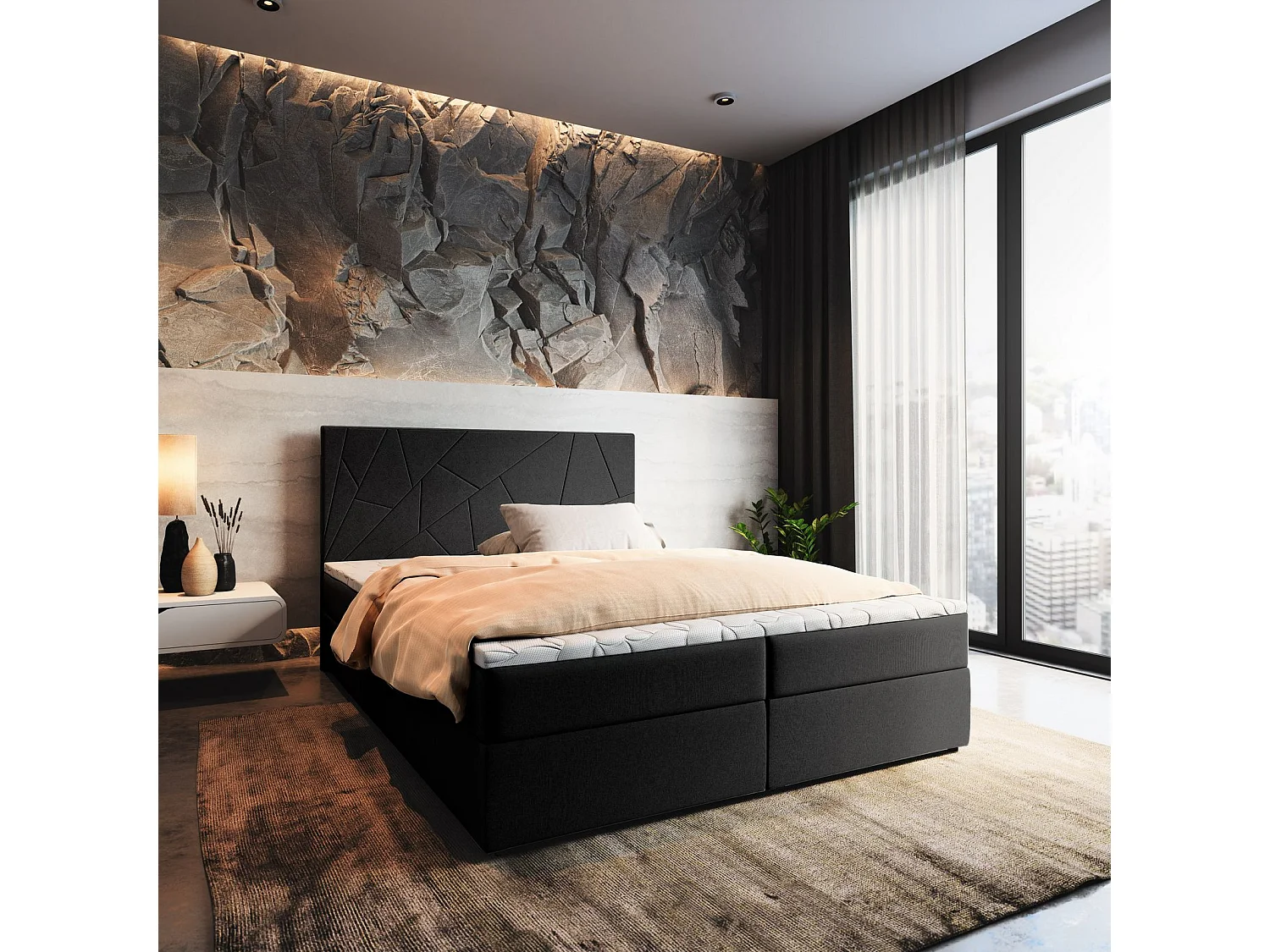 Boxspringbed MADO 200x200 cm Set met hoofdbord, bedbodem en matras, Zwart