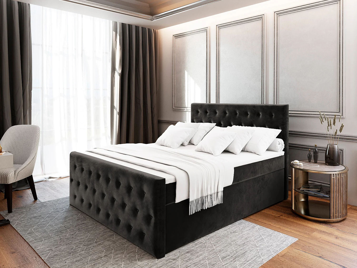 Lit boxspring FONDI 200x200 cm avec tête de lit, sommier et matelas, Noir